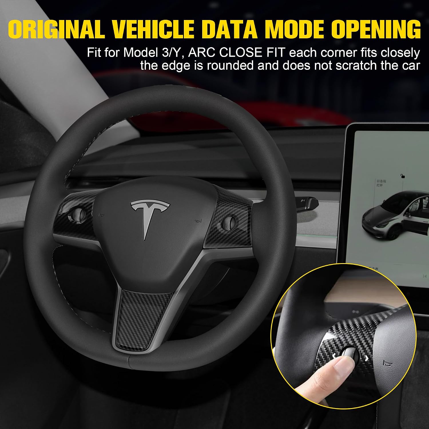 5PCS Carbon Fiber Steering Wheel Trim & Gear Shift Cover for Tesla Model 3 (2021-2023) and Model Y (2019-2024), Tesla Steering Wheel Interior Accessories Set