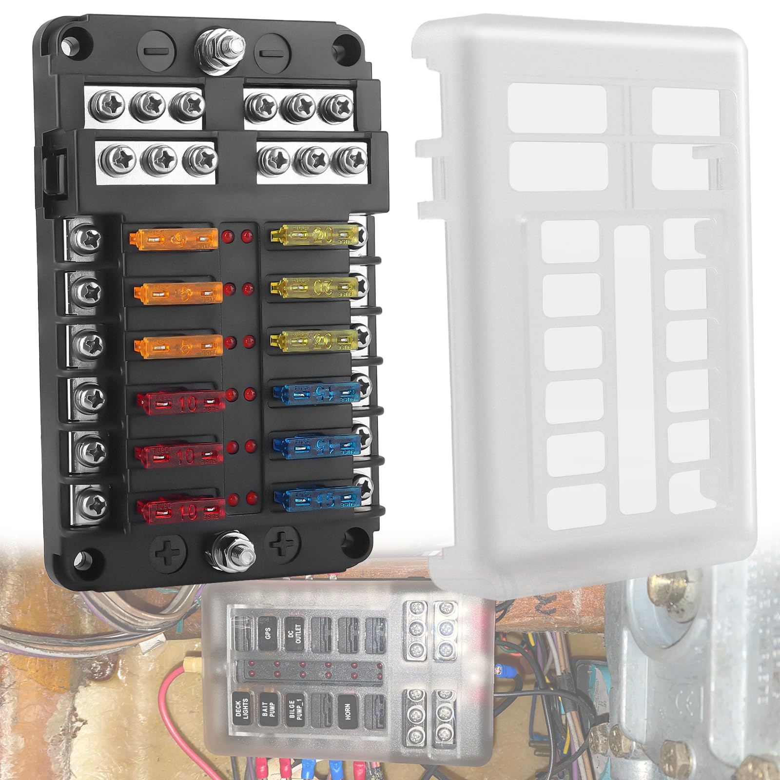 NORTHYUN 12 Way Fuse Block 12V/24V with LED Indicator Waterproof Marine Fuse Panel with Negative Bus Dual Row 12 V Automotive Fuse Box Holder for RV, Boat, Car, Truck, UTV