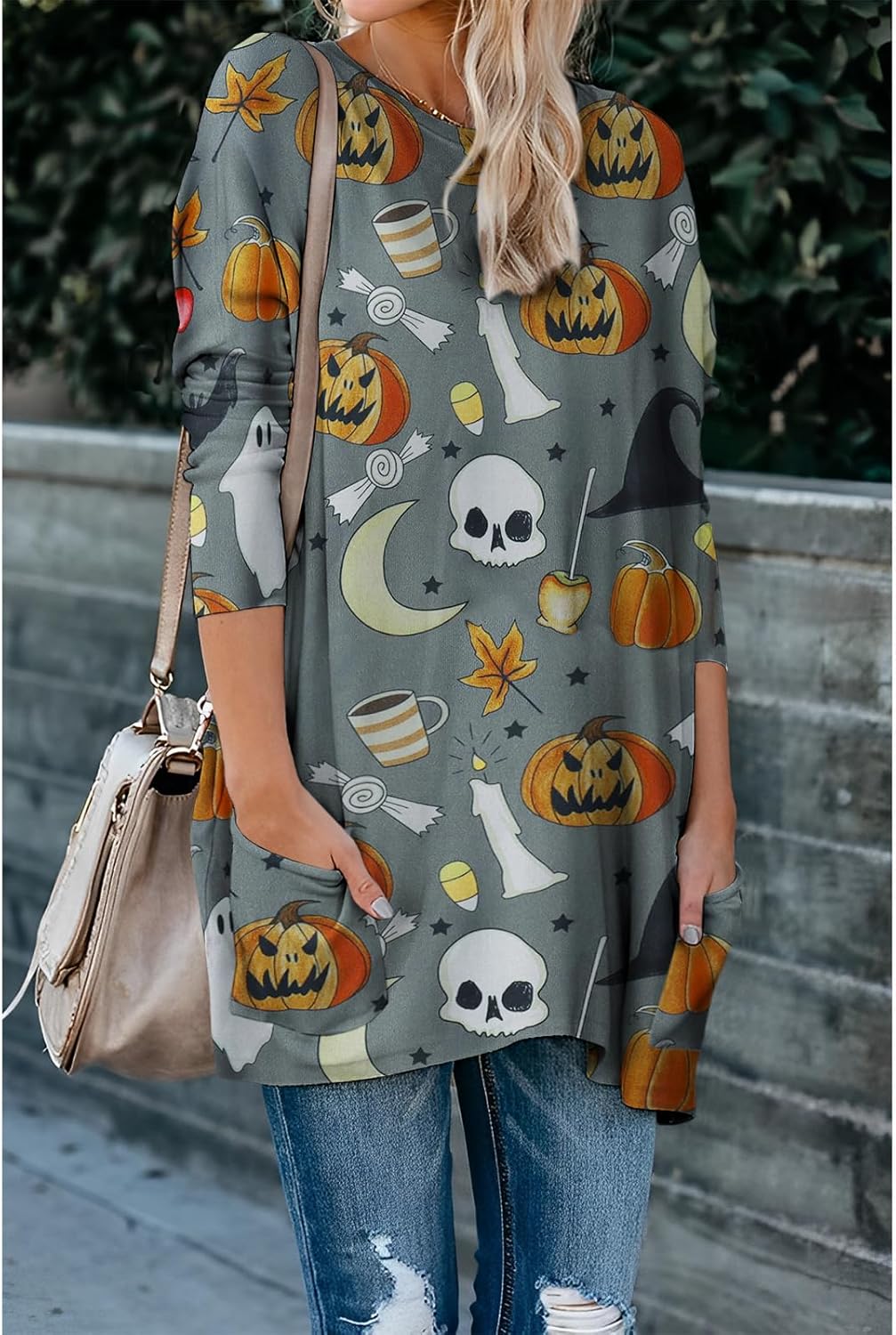 Womens Halloween Crewneck Sweatshirts Pumpkin Long Sleeve Pullover Tops Vintage Oversized Shirt Blouse Clothes - Image 3