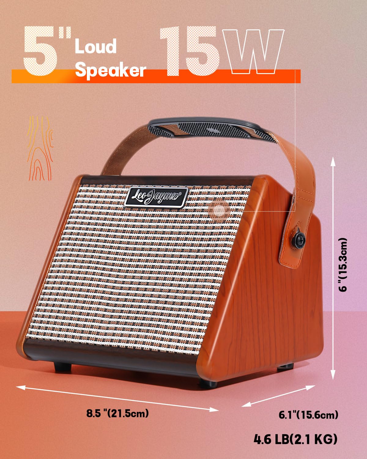Leo Jaymz Amplificatore portatile per chitarra da 15 W con connessione BT, batteria ricaricabile, controllo del tono, jack per cuffie e personalizzazione del suono versatile per pratica e prestazioni