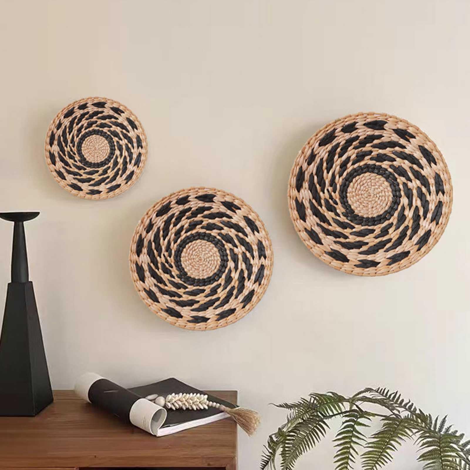 Decoración de ratán, Juego de 3 cestas Colgantes de Pared Bohemias, Hechas a Mano, de ratán y Mimbre, Redondas y Tejidas, Estilo costero.
