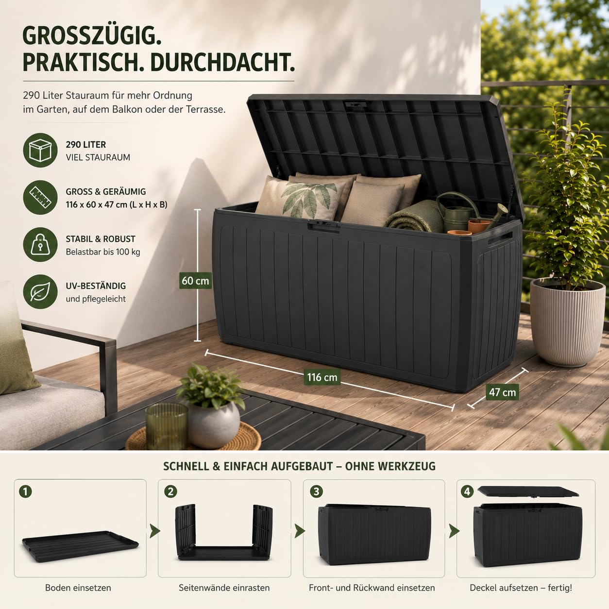 BigDean Gartenbox Auflagenbox wasserdicht 290 Liter 116cm lang 60cm hoch 47cm breit Made in Europa abschließbar