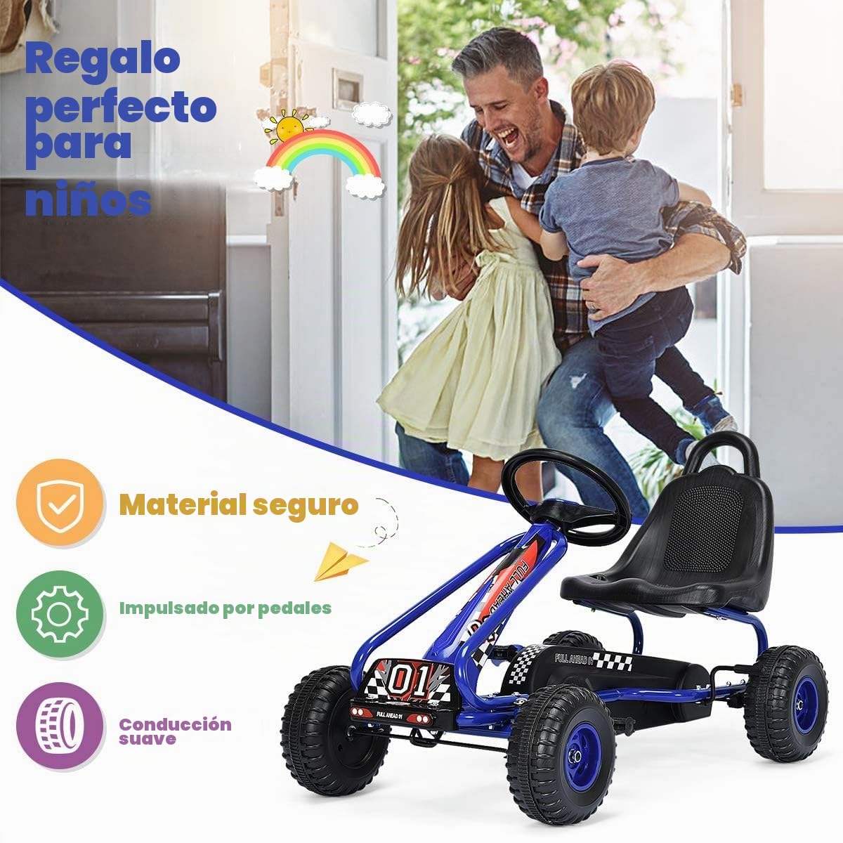 FANTASK Gokart - Coche a Pedales a Partir de 3 años con Asiento Ajustable y Freno de Mano, Go Cart soporta hasta 30 kg, vehículo Infantil (Azul)