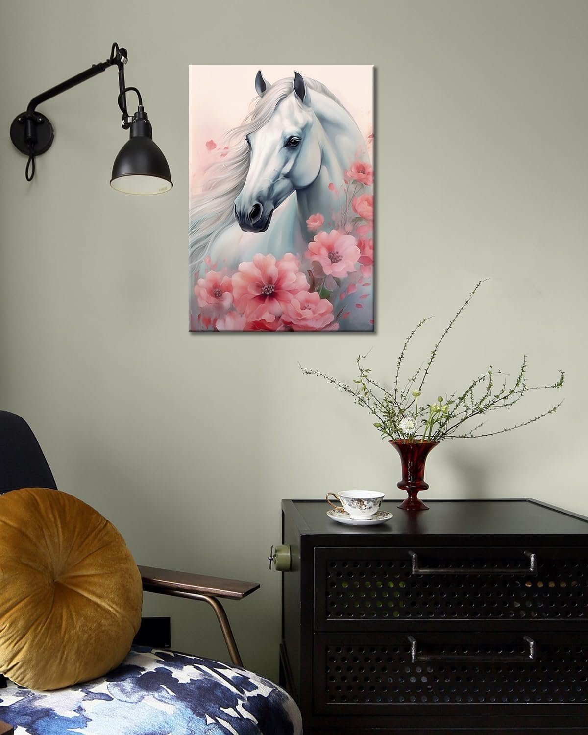 Condition photo showing New/Like New for glokaka white horse canvas wall art - watercolor horse and pink flower picture - animal painting print on canvas - farmhouse wildlife artwork for home or girl's bedroom decor 24"l x 16"w artwork 03