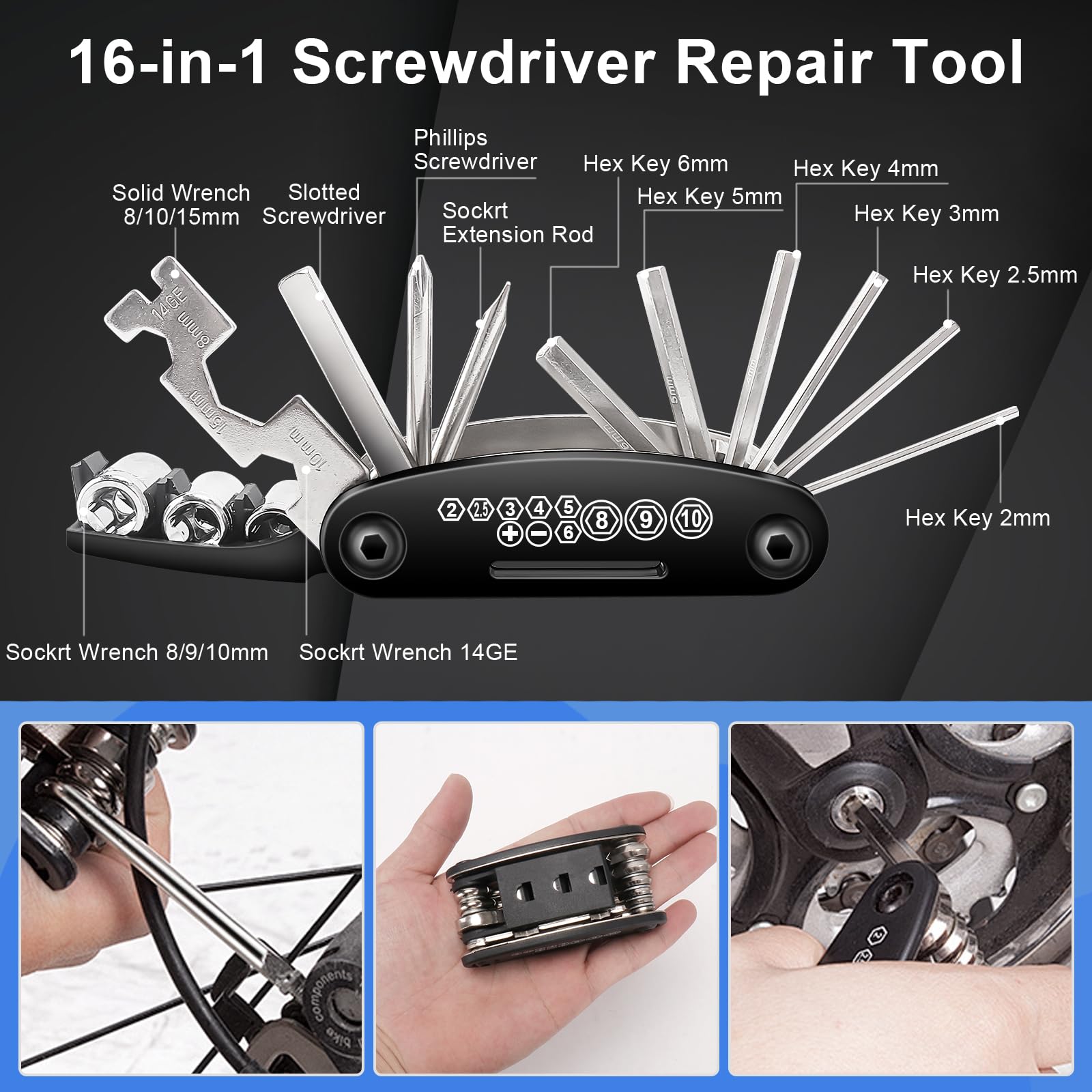 Kit de herramientas para bicicleta de montaña/carretera con multiherramienta 16 en 1, mini bomba de 120 PSI, palancas de neumáticos, llave de hueso, interruptor de cadena, kit de parches y