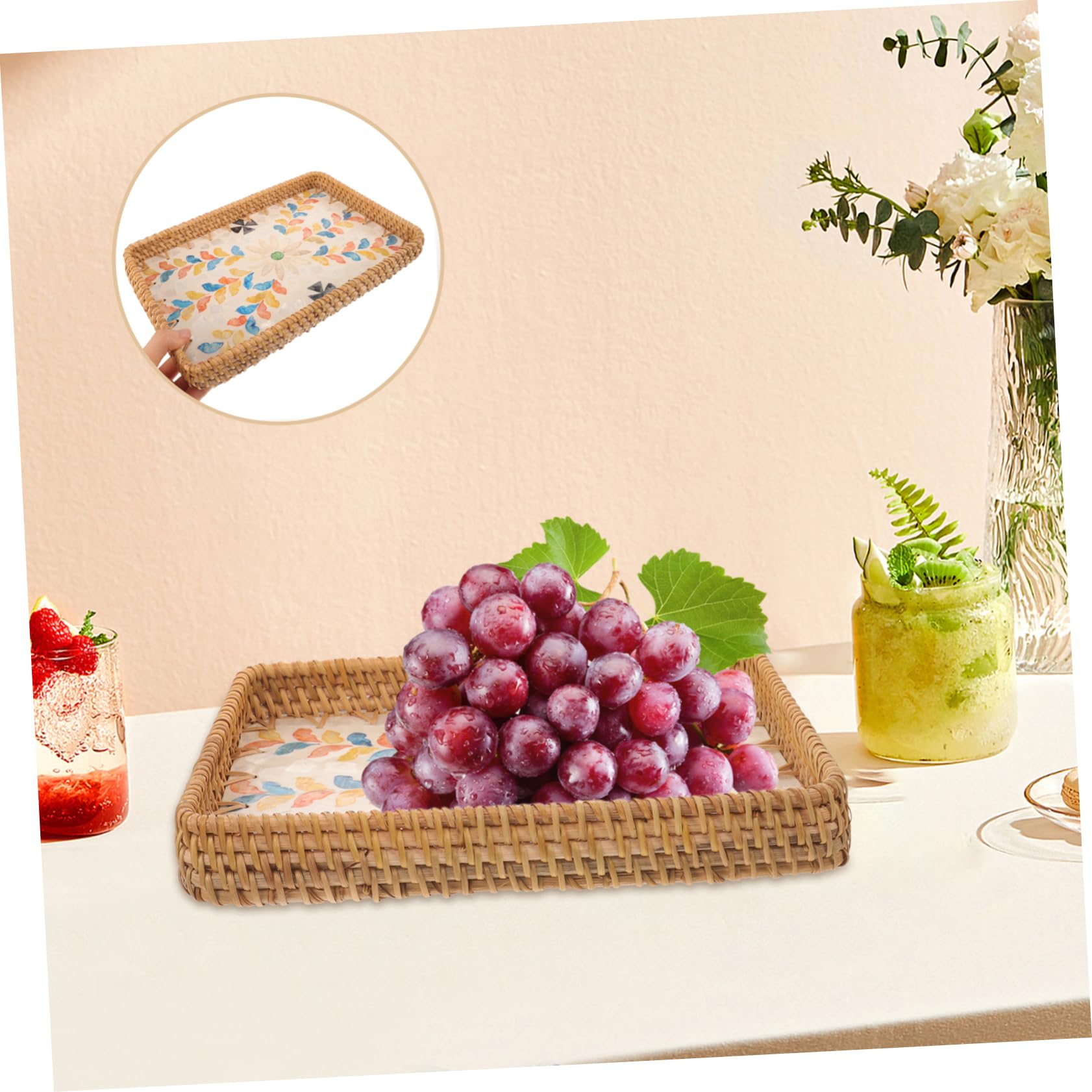 Gadpiparty Bandeja Tejida De Ratán para Servir Refrigerios Bandeja para Almacenar Frutas Secas para Mesa De Centro
