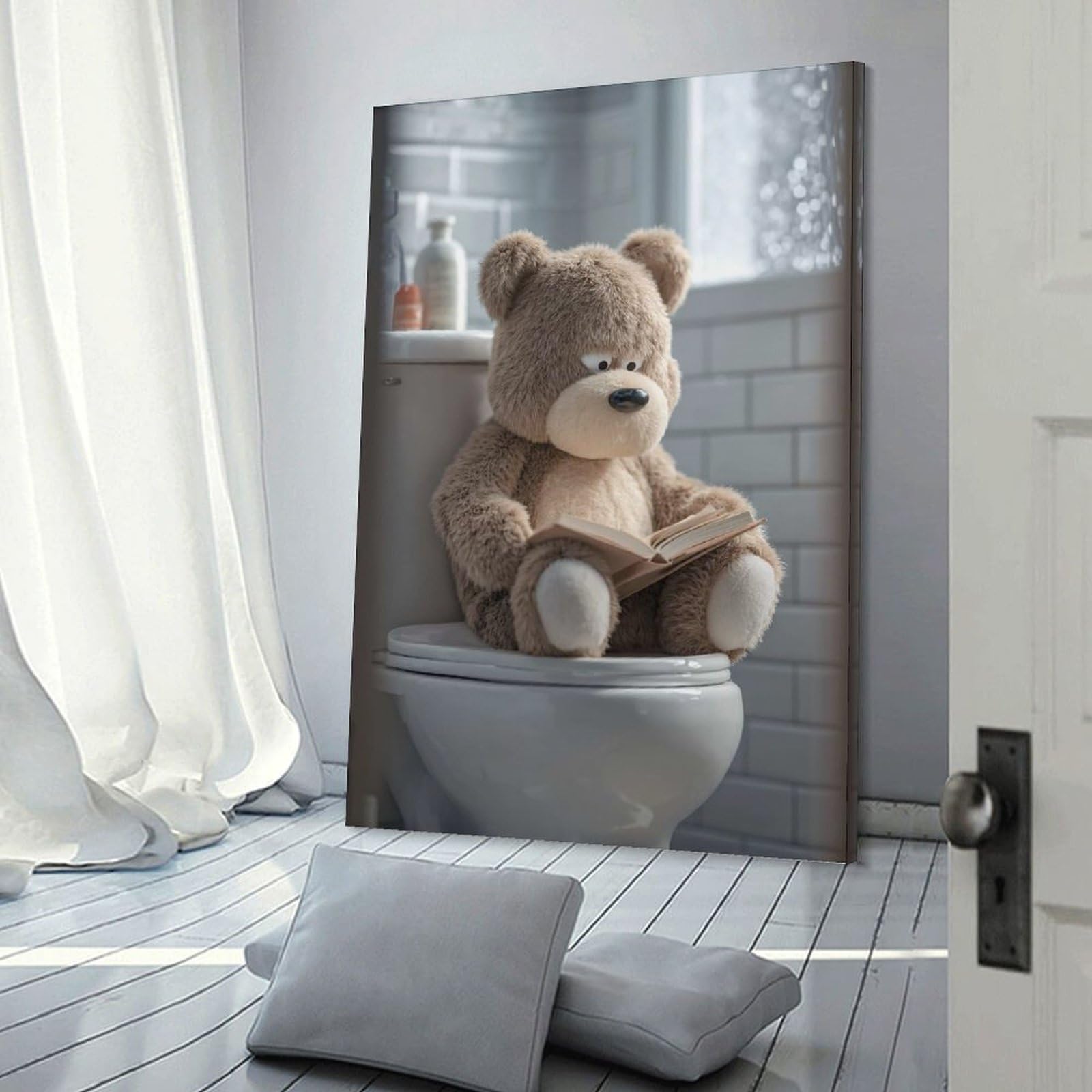 Junmoney Frame-Style-11 Wall Picture Print Teddy Bear Reading On Toilet, 20X30inch(50X75cm), For Wall Displays, Bedrooms Or Room Updates, Wall Decor Suited To Curated Displays
