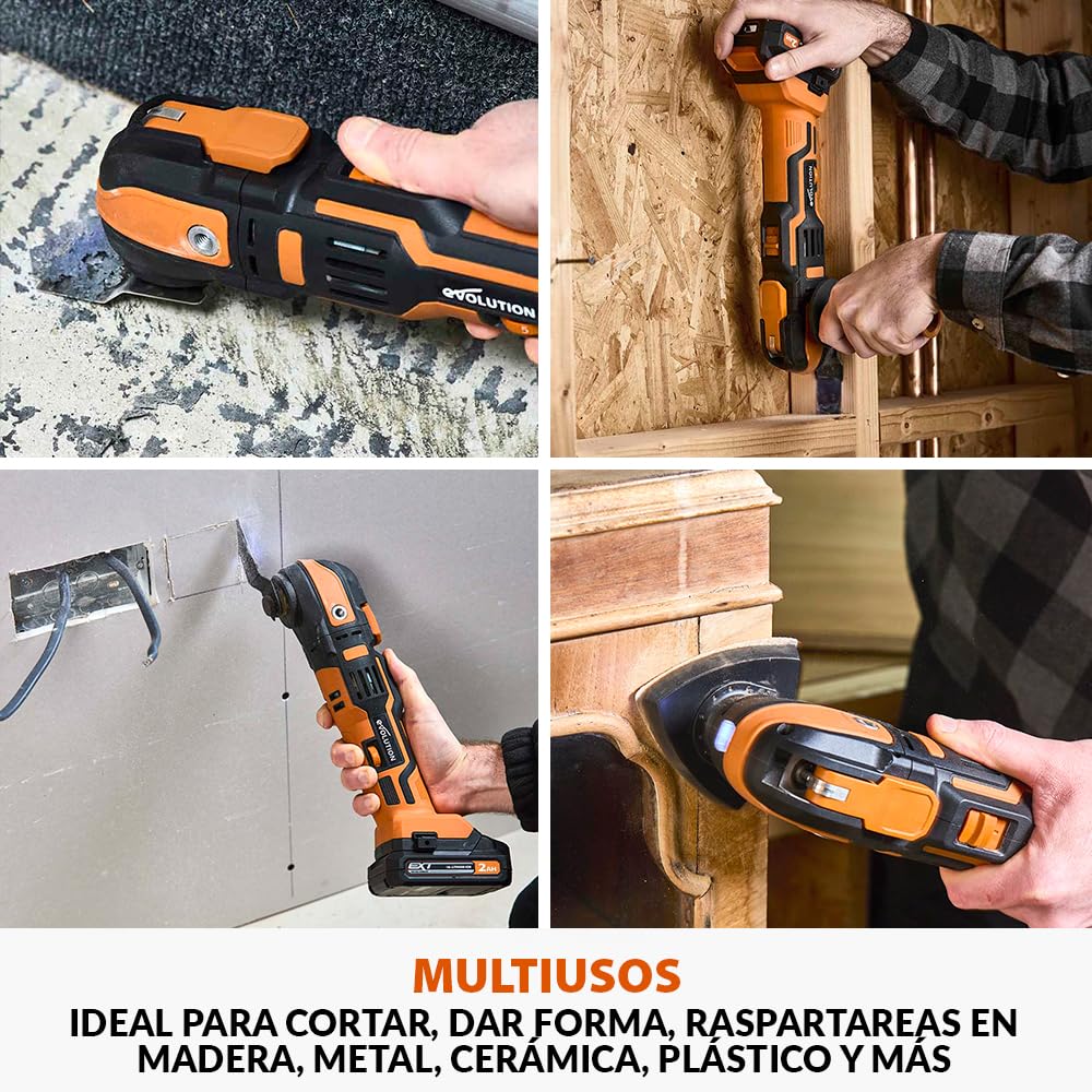 Evolution Power Tools R18MLT-Li Multiherramienta Inalámbrica Con Batería EXT De Iones De Litio De 18 V, Multiusos Y Multimaterial Para Cortar, Moldear, Raspar Y Lijar | Batería No Incluida