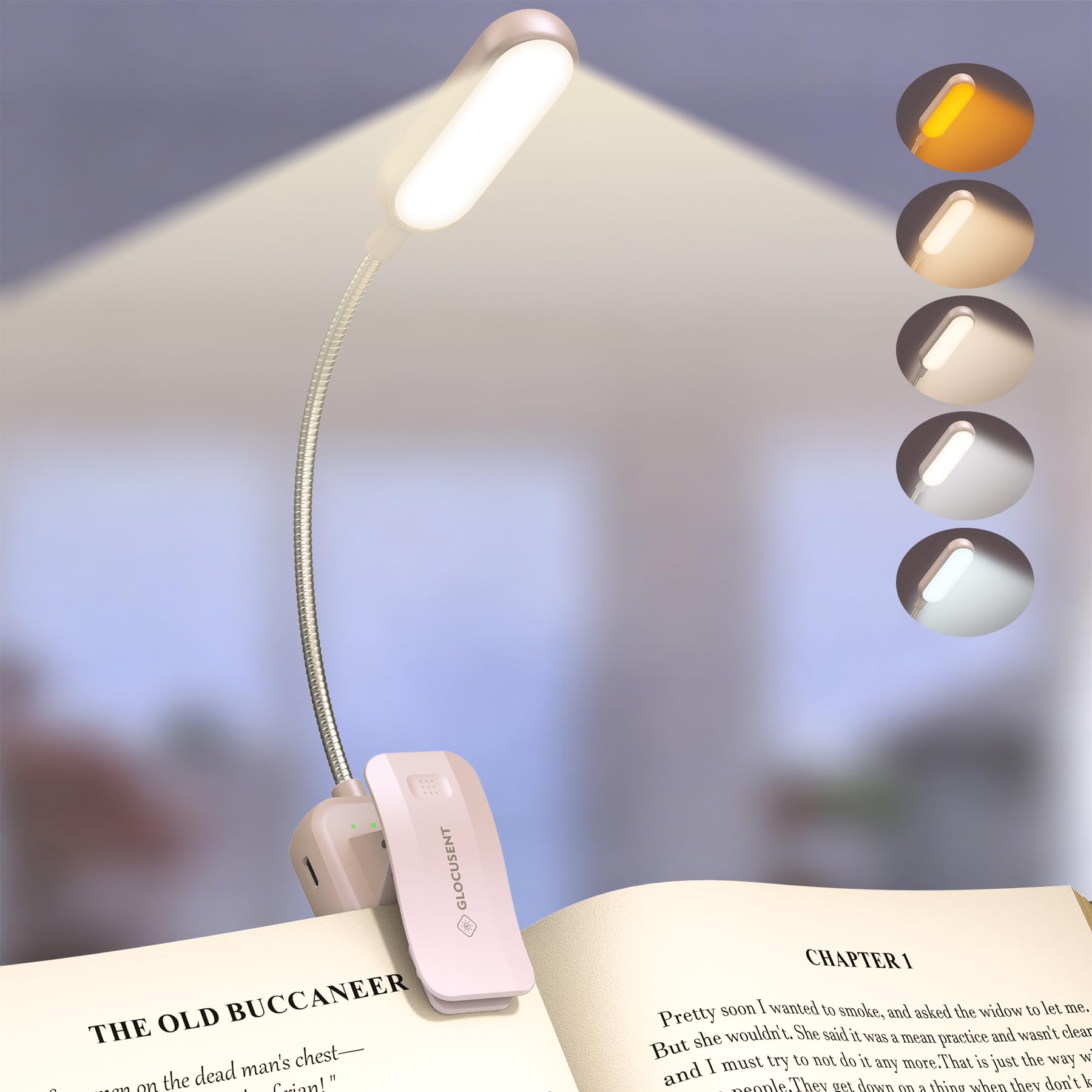 Glocusent Pink 20 Led Reading Light, Book Light 5 Eye-Protecting Modes Book Lamp - Stepless Dimming, Rechargeable, Long Battery Life, 4-Level Power Indicator, Flexible Clip On Book Light (Pink)