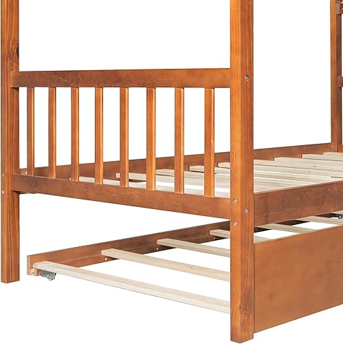 Miniatura 7 de Cama individual de casa con nido para niños, cama individual de madera con techo, marco de cama de plataforma de tamaño individual, cama con dosel