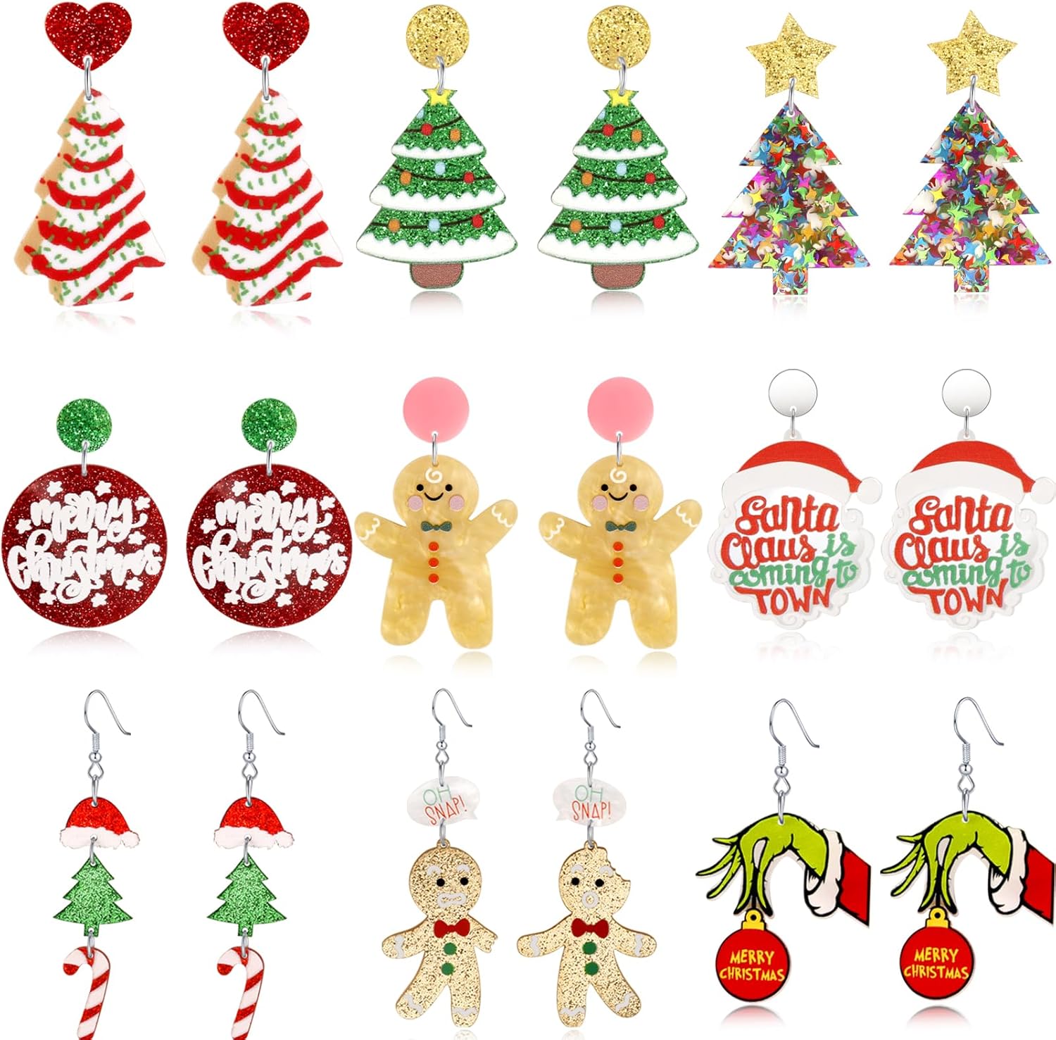 9 Pairs Christmas Earrings for Women Acrylic Christmas Tree Snowflake Dangle Earrings Xmas Earrings Festive Holiday Earrings Christmas Jewelry Gifts