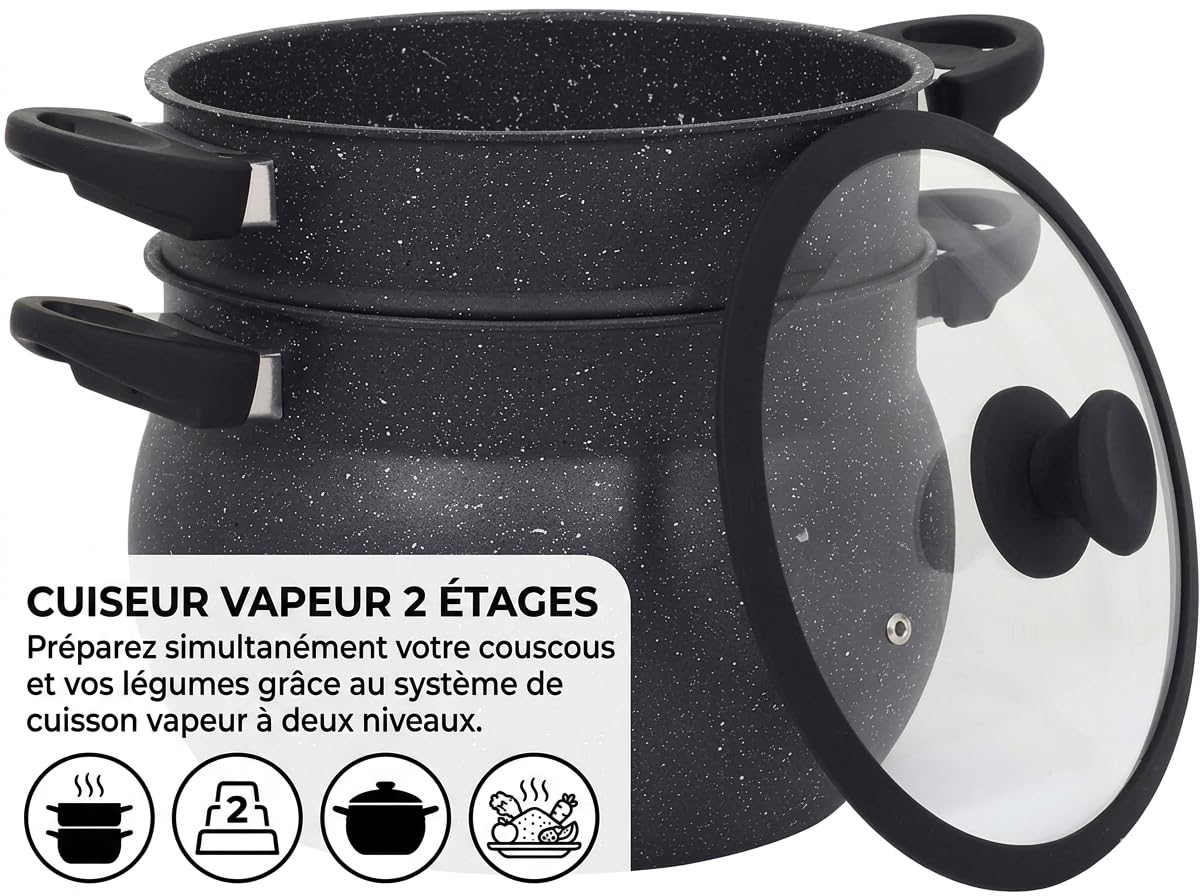 Couscoussier en Aluminium, Revêtement Pierre, Anti-adhésif, Cuiseur Vapeur 2 Étages, Couvercle en Verre avec Bord Silicone, Tous Feux Dont Induction, Noir (4Litre-20cm)