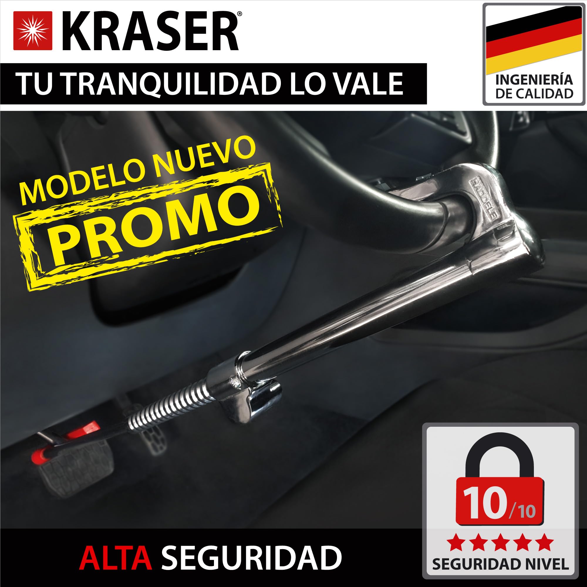 KRASER KR837 Barra Antirrobo Coche Bloqueo Volante Coches Camiones Furgonetas SUVs Pedal Cerradura Seguridad Doble Gancho Inmobilizador Telescópico Universal Extensible Parking Camper
