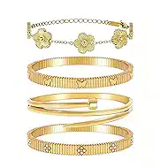Womens Stackable Floral Gold Bracelets - 4Pcs 18K Gold Plated Bracelet,Stainless Steel Bangle Bracelets Non Tarnish,Gold Bracelet Set Fashion Jewelry,Valentines Birthday Christmas Jewelry Gifts