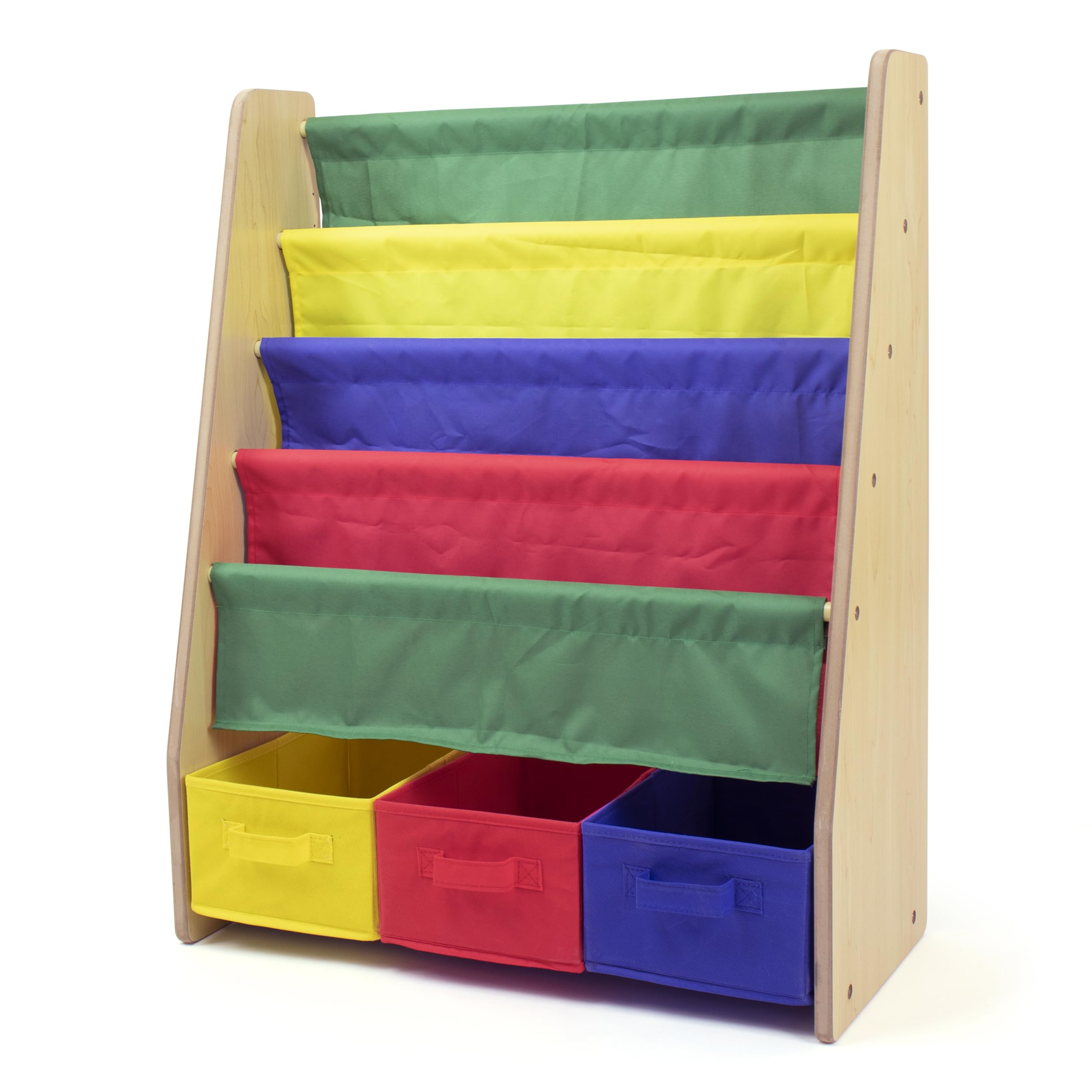 Humble Crew 4-Tier Kids Bookshelf and 3 Bins Toy Storage, Natural and Primary - Book Shelf for Kids Rooms with Four Deep Pockets - Toddler Sling Book Rack with Deep Sleeves, Nursery Bookcase Organizer
