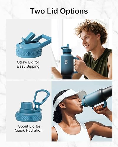 Miniatura 5 de Trebo Botella de agua aislada de 40 onzas que cabe en el portavasos del automóvil con tapas de popote de boquilla, botellas de acero inoxidable de