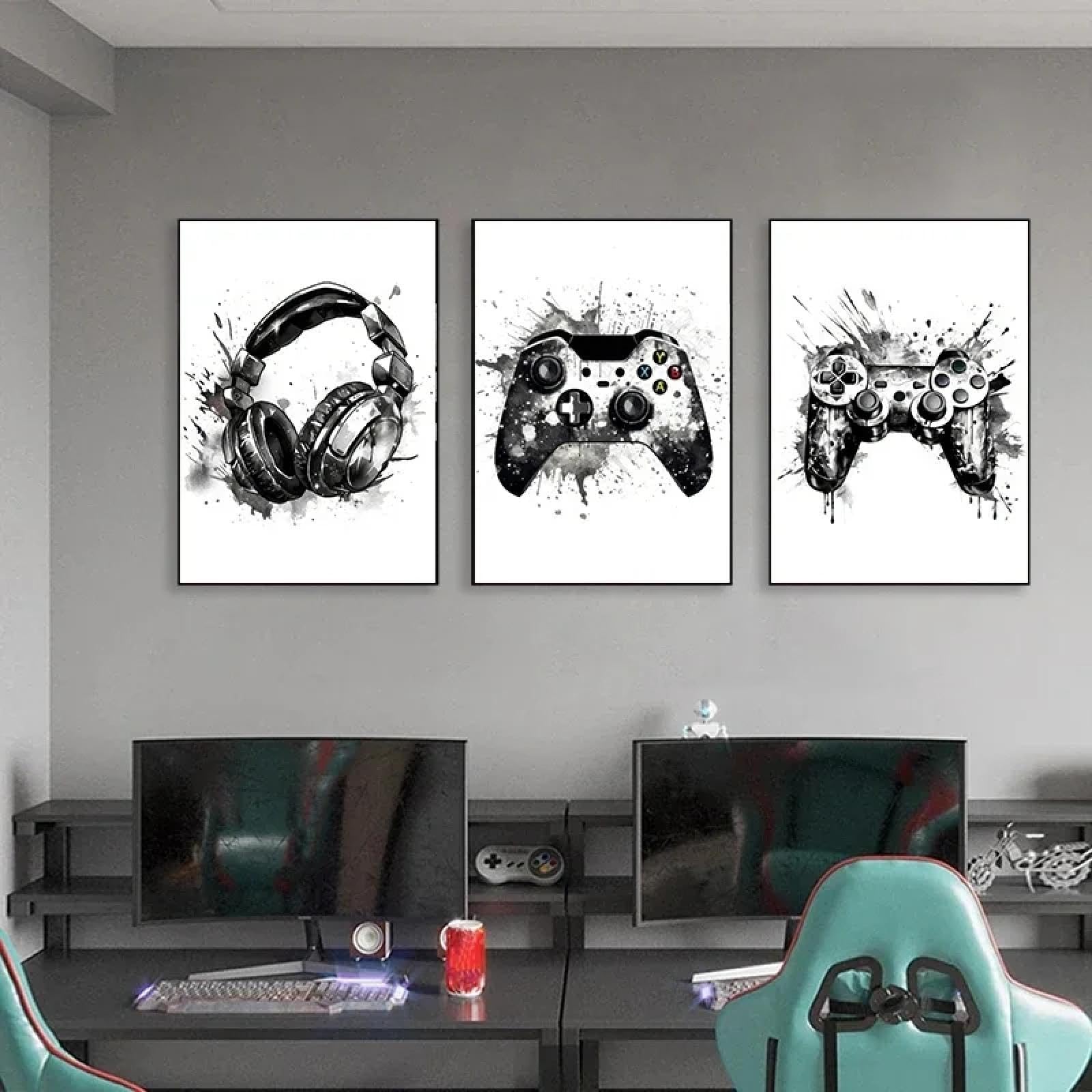Póster de controlador de videojuegos en tinta en blanco y negro, pintura en lienzo para entusiastas de los videojuegos nórdicos, decoración de pared para habitación de niños, 60 x 90 cm x 3, sin marco