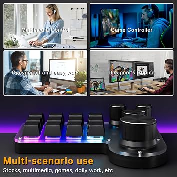 Programmable Macro Keyboard 12-Keys 4 Knob Gaming Keypad with USB Wired+BT Dual Mode Multi-Purpose Shortcut Custom Keypad for PC Desk