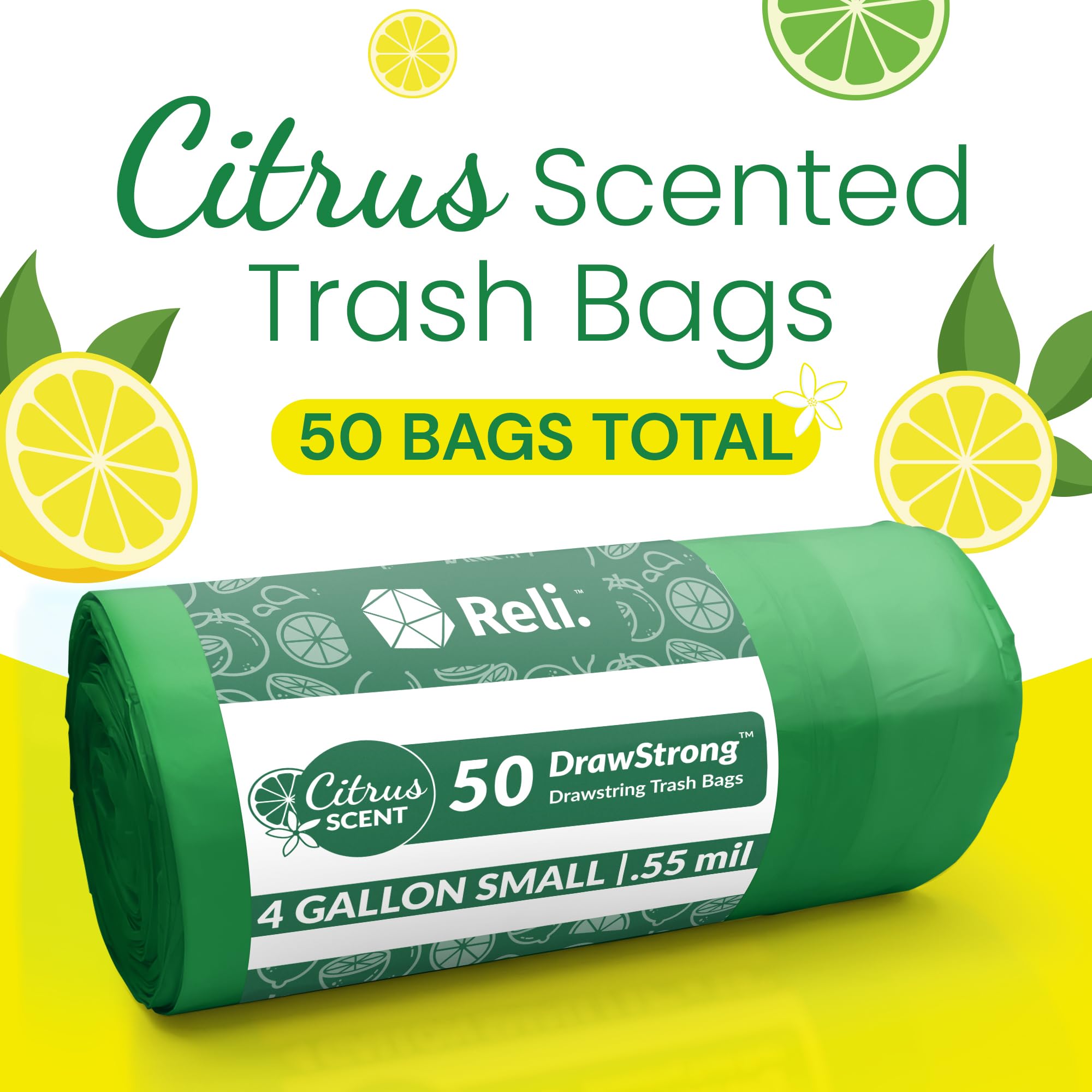 Reli. 4 Gallon Trash Bags Drawstring (50 Count) | Citrus Scented Small Trash Bags | Garbage Liners for Bathroom Can | 2 Gal - 3 Gallon - 4 Gal Small Can Liners (Green)
