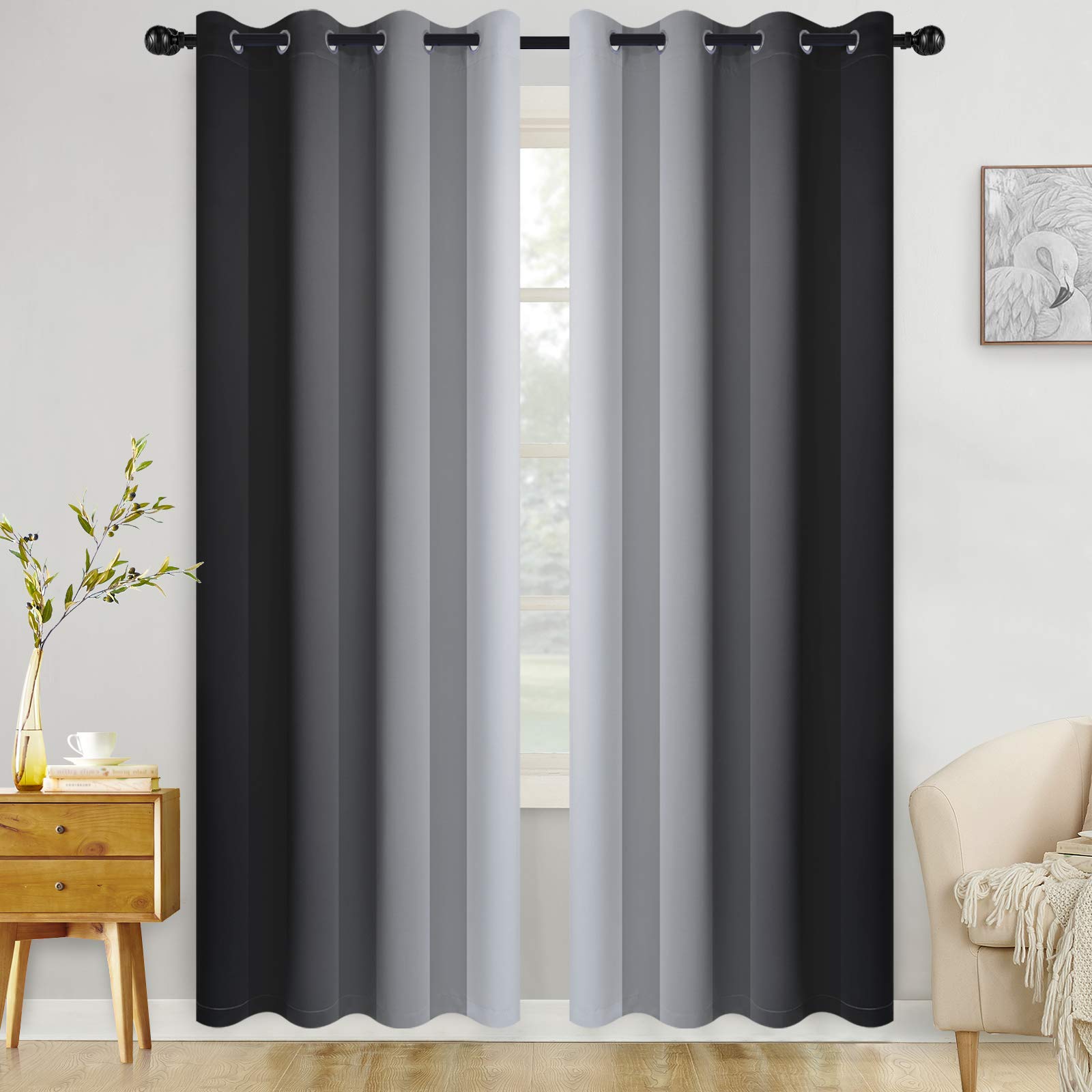 COSVIYA Curtains & Drapes Ombre Black Curtains 90 inch Length 2 Panels, Grommet Room Darkening Light Blocking Insulated Thermal Gradient Window Panels