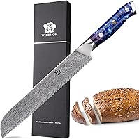 Vista 10 de WILDMOK Cuchillo de pan de acero de Damasco dentado, 8 pulgadas, espiga completa ultra afilada, mango de resina, caja de regalo