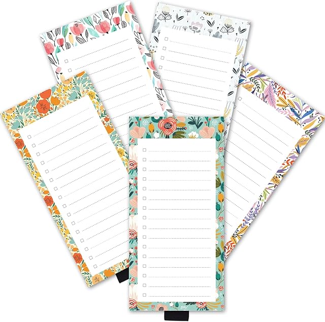 5 Pack Tulips Drama Flower Daisy Magnetic Notepads with Pen Holder 50sheets Per Pad 3.3"x7" for Fridge,Shopping List Grocery List,to do List,Memo,Remider,Note,Recipes