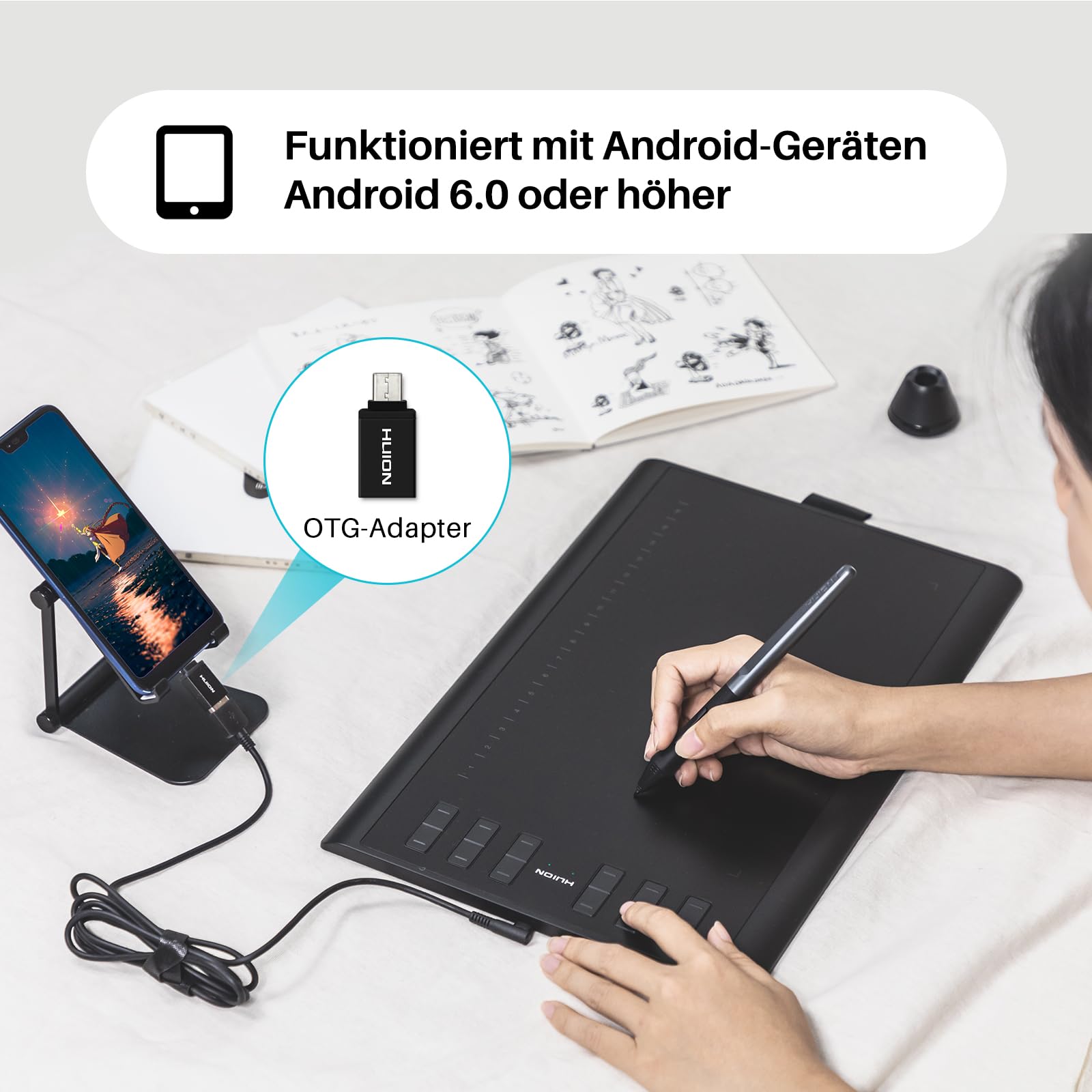 HUION Inspiroy H1060P Grafiktablett mit 10 x 6,25 Zoll Arbeitsfläche, Batterielosem Eingabestift und 12 Hotkeys, Zeichentablett für Win, Mac, Android,Ideal zum Zeichnen, Online-Unterricht und Arbeiten