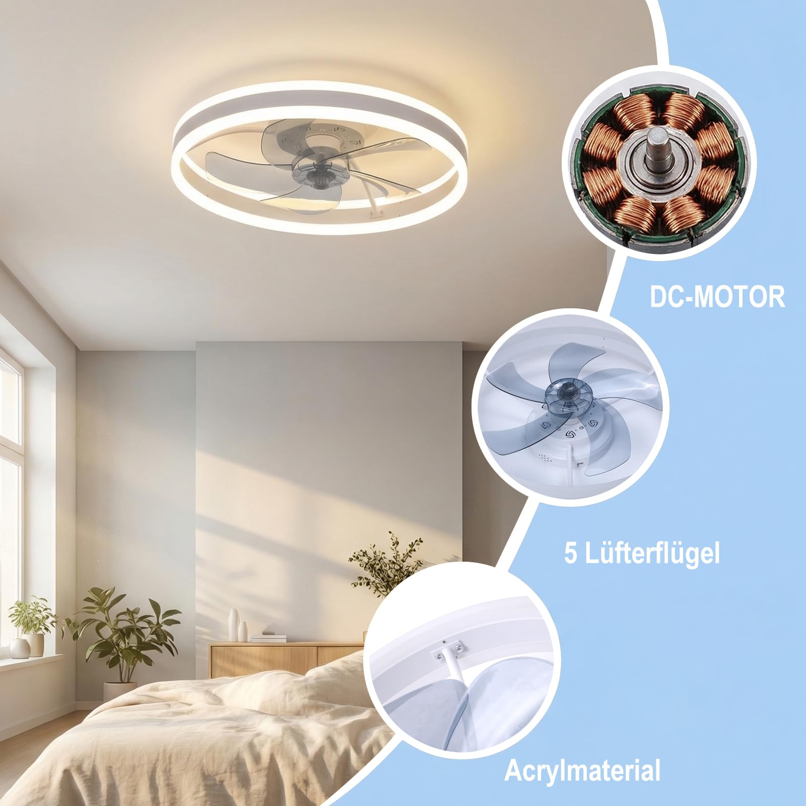 Deckenventilator Mit Beleuchtung,Ventilator Deckenleuchte,3 Farbtemperatur und 6 Geschwindigkeiten LED Deckenventilator mit Lampe,APP/Fernbedienung Leise Dimmbar Ventilator Deckenlampe (weiß, 50CM)