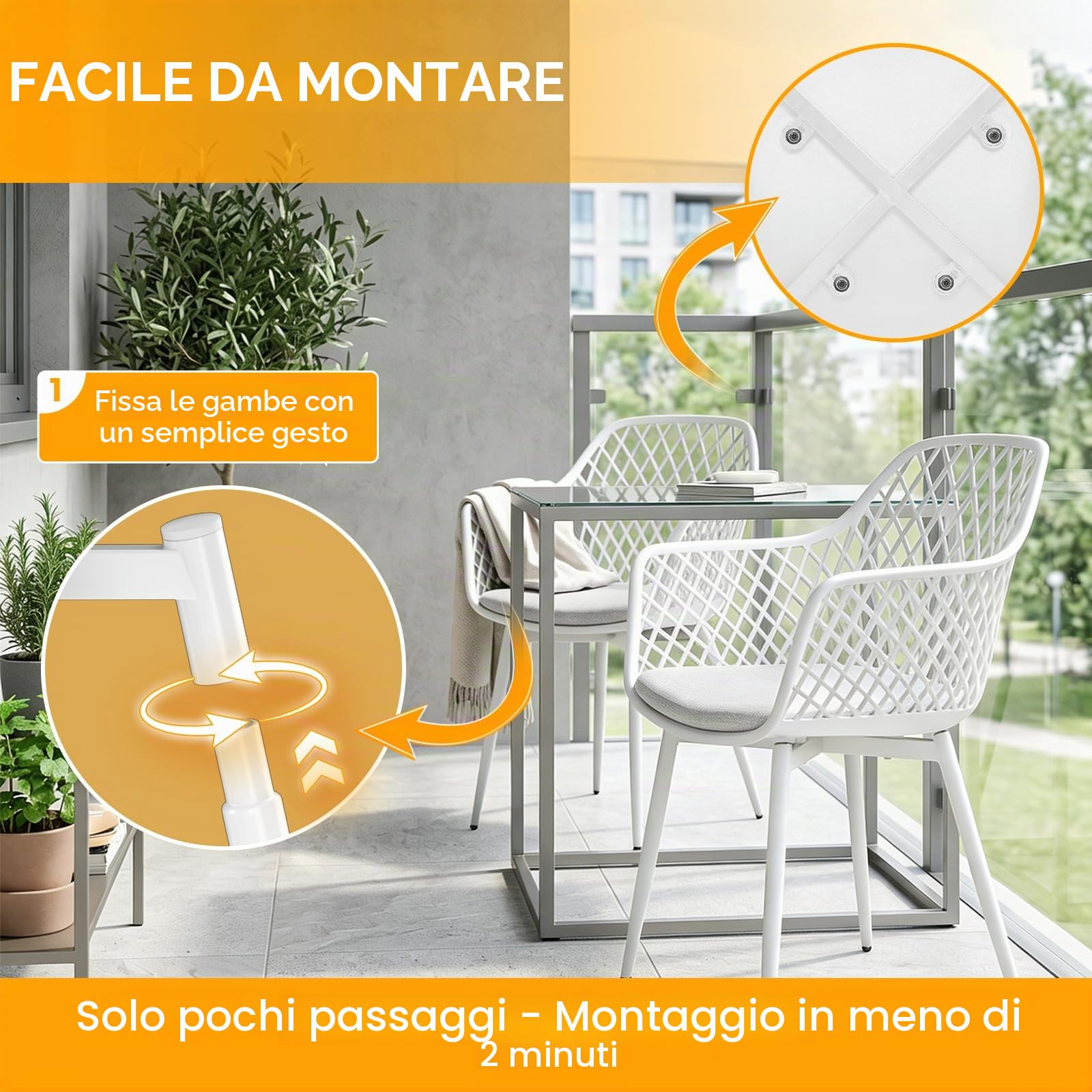 Set di 6 sedie da giardino con braccioli, resistenti fino a 120 kg, bianco