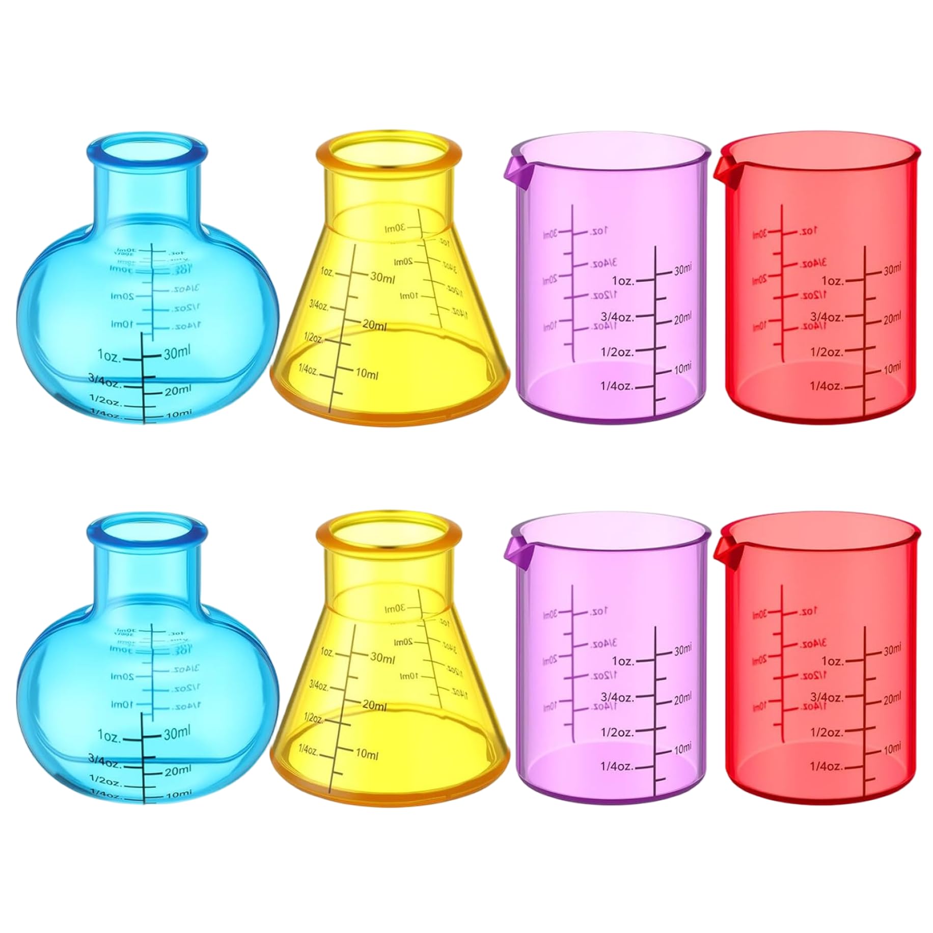 Pineeseatile 8Pcs Plastic Beakers Colorful Beaker Set with Different Shapes Plastic Educational Science Kits for DIY, Experiment, Chemistry, Studies, Flasks