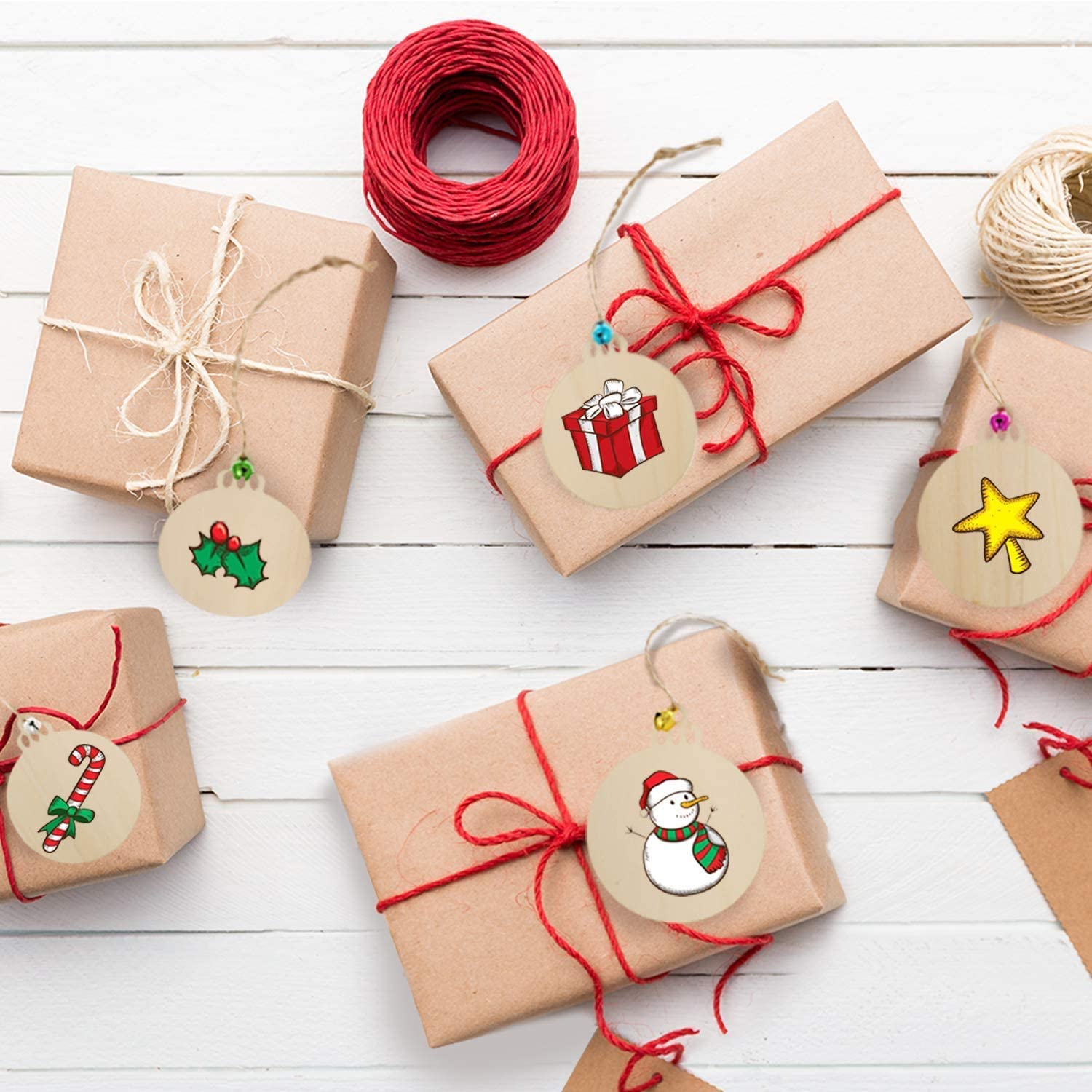 100 Bolas Redondas Madera para Colgar Adornos Navidad, rebanadas Madera en Blanco con Cuerda para decoración del árbol de Navidad, Manualidades