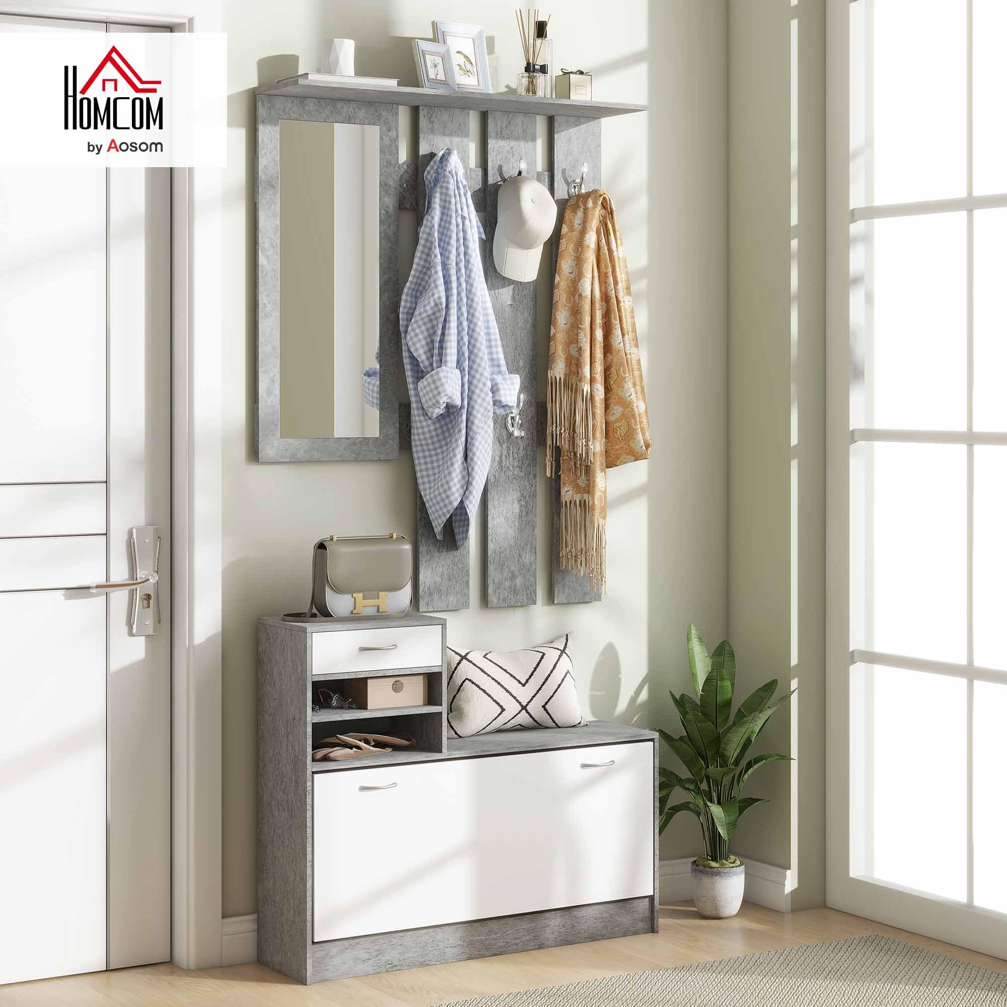 HOMCOM Set Mobili Ingresso Moderno con Scarpiera e Specchio, Appendiabiti da Ingresso con 6 Ganci, 2 Ripiani Regolabili e Cassetti in Legno per Corridoio, Bianco e Grigio Chiaro