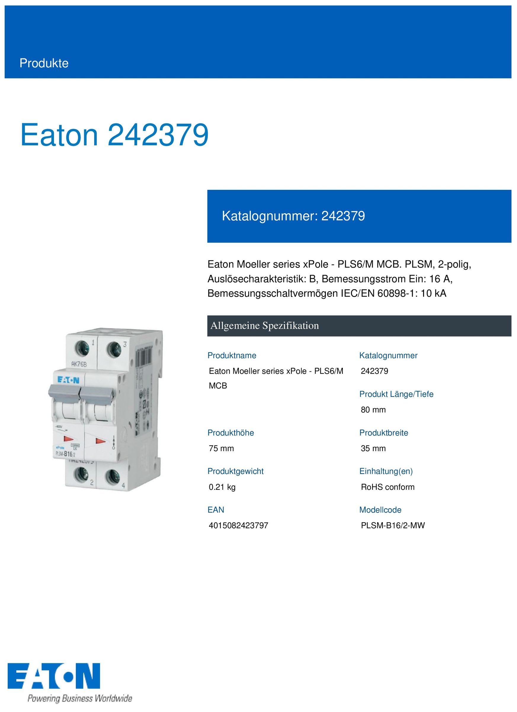 Eaton PLSM-B16/2-MW Leitungsschutzschalter 242379-16A 2P Spezifikation B