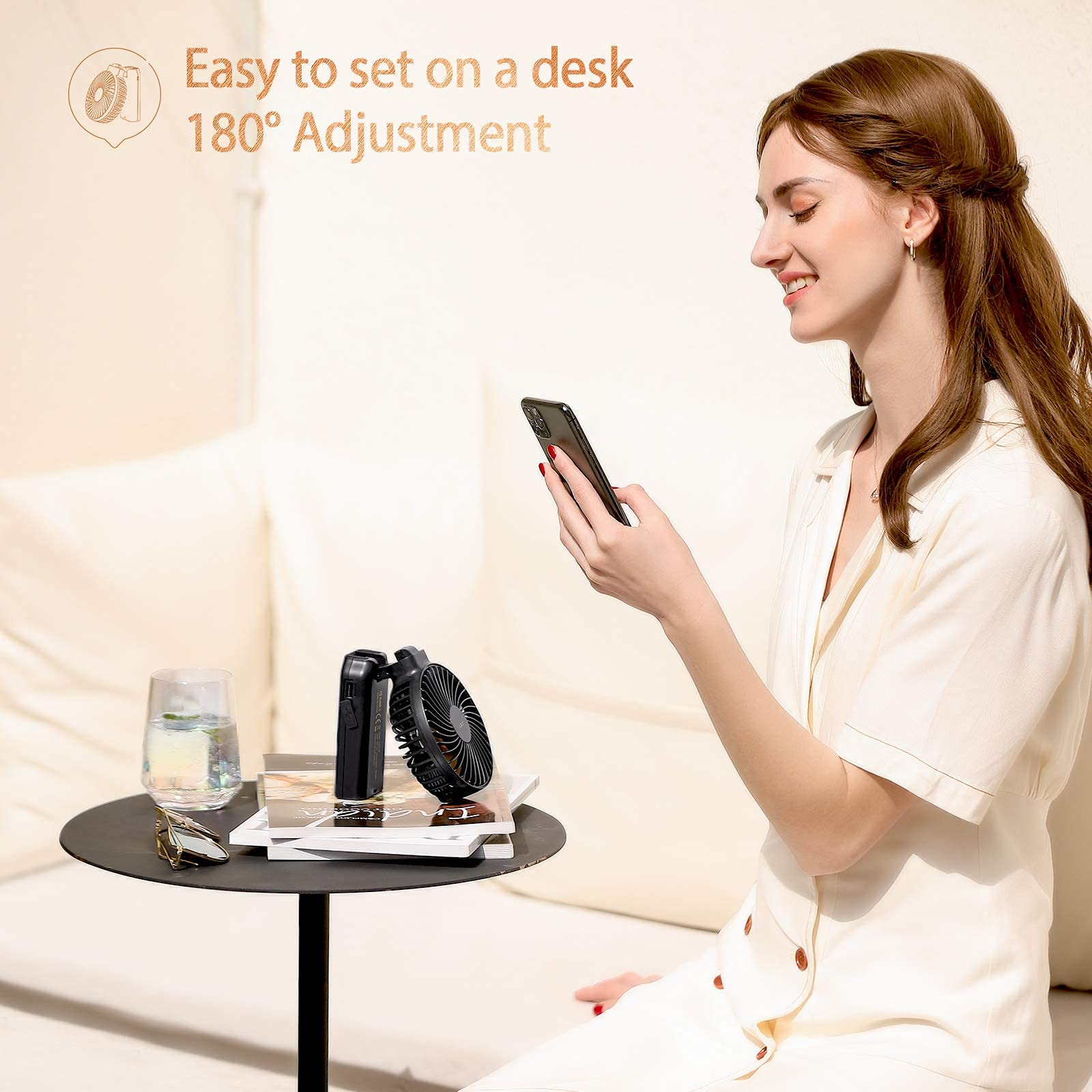 Funme Ventilador de mano 10000 mAh Ventilador de escritorio portátil Batería de viaje, potente flujo de aire, duran 9 – 53 horas para viajes, camping y actividades al aire libre