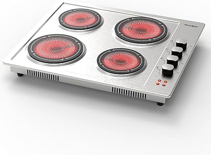 Electric Cooktop 4 Burner - 24 Inch Stainless Steel Electric Stove Top 220V, 5200W Bulit- in Electric Cooktop with 4 Ceramic Hot Plate, Overheat Protection, Knob Control, 220-240V (No Plug)