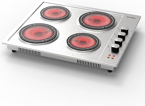 Electric Cooktop 4 Burner - 24 Inch Stainless Steel Electric Stove Top 220V, 5200W Bulit- in Electric Cooktop with 4 Ceramic Hot Plate, Overheat Protection, Knob Control, 220-240V (No Plug)