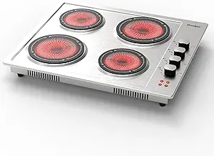 Electric Cooktop 4 Burner - 24 Inch Stainless Steel Electric Stove Top 220V, 5200W Bulit- in Electric Cooktop with 4 Ceramic Hot Plate, Overheat Protection, Knob Control, 220-240V (No Plug)