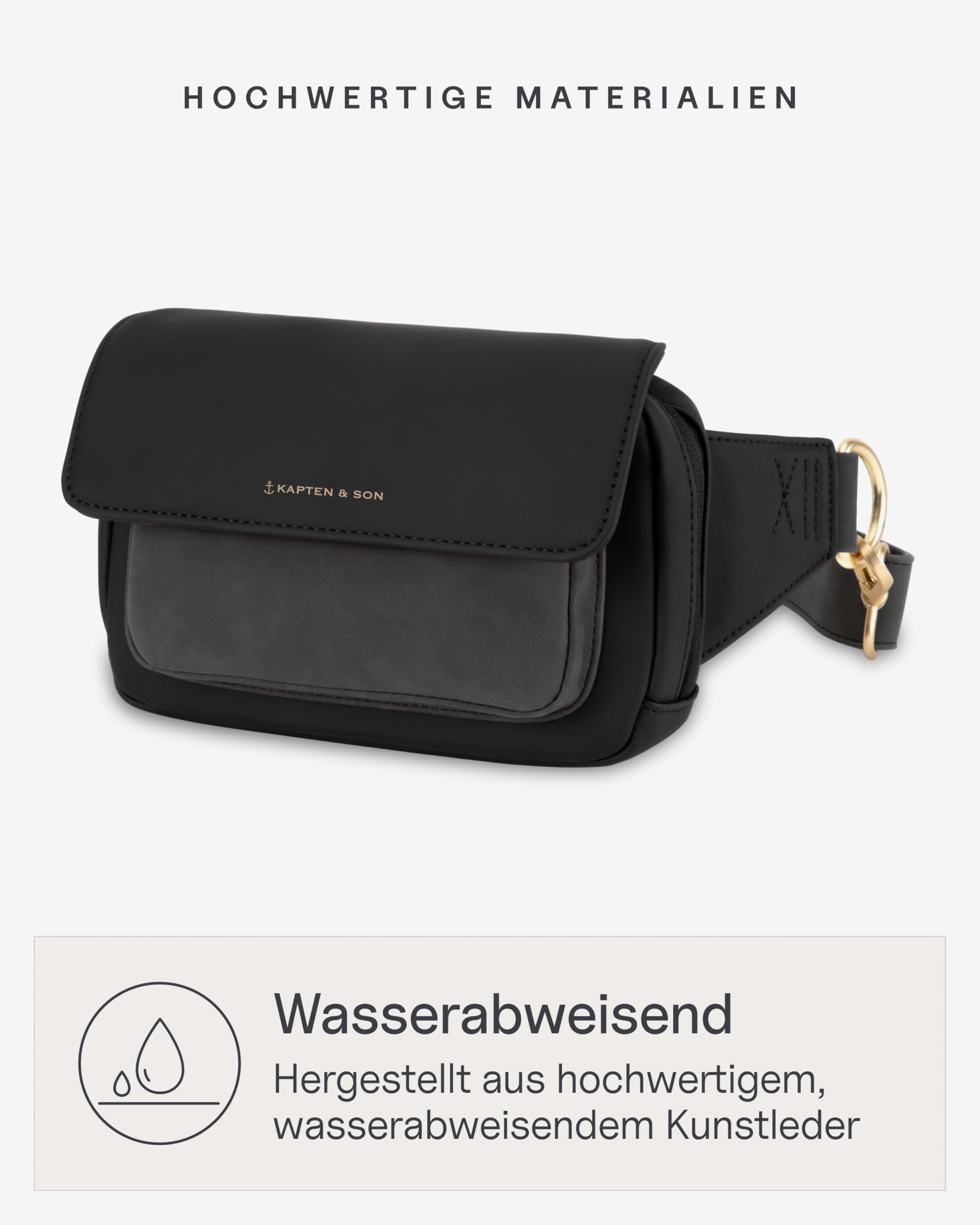 Kapten & Son Bauchtasche Damen Schwarz Visby 1,2 L | Umhängetasche Damen | Innen- & Außenfach mit Reißverschluss | Crossbody Bag | längenverstellbarer Gurt | ideal für Reisen, Alltag, City