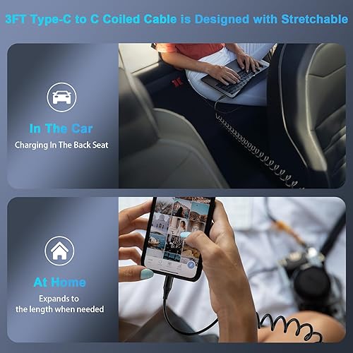Miniatura 7 de Cable USB C de carga rápida de 3 pies, cable en espiral de cargador Android para automóvil, paquete de 2 cables de carga retráctiles cortos para