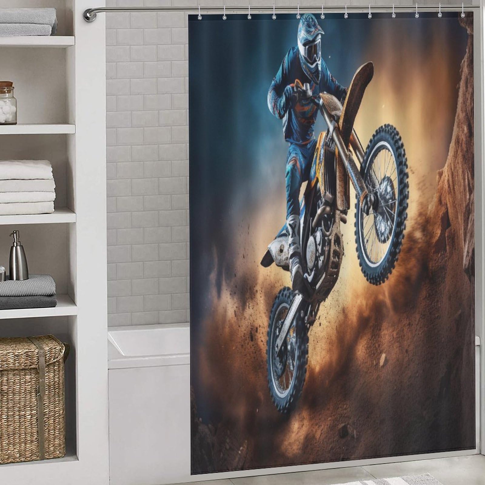 Rideau de douche motocross tissu imperméable anti-éclaboussures lavable avec 12 crochets