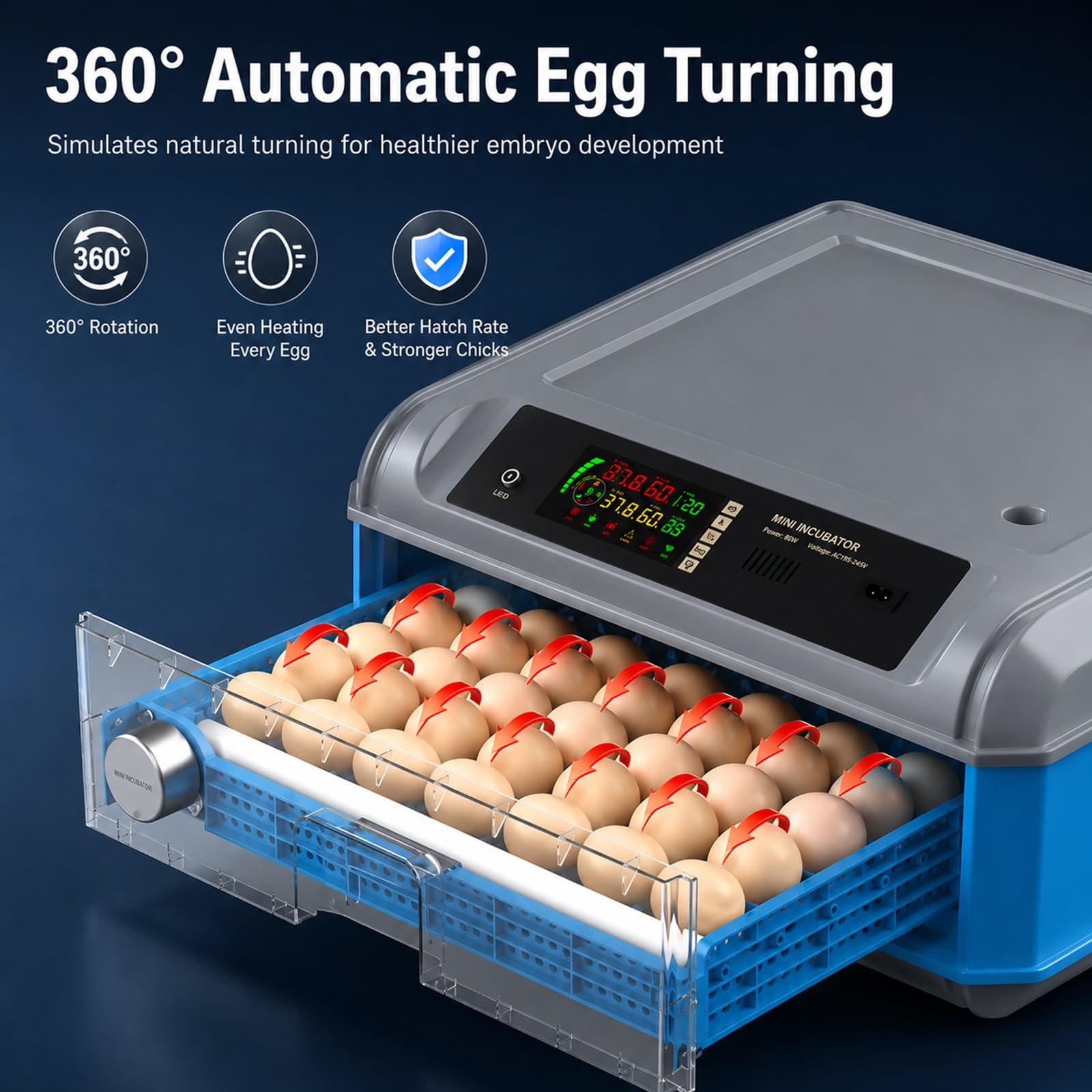 Incubadoras Para Huevos Fértiles, Incubadora De Huevos De Aves De Corral 24-192 Con Volteo Automático Y Adición De Agua, Control Preciso De Temperatura Y Humedad, Bandejas Ajustables(128eggs)