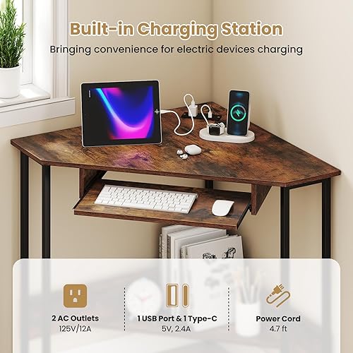 Miniatura 24 de Escritorio esquinero industrial, escritorio de computadora con toma de corriente, estantes de almacenamiento y marco de metal, escritorio de madera