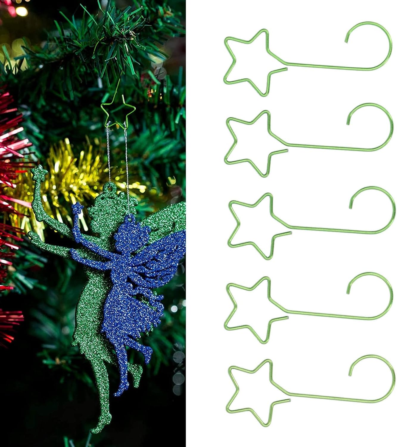 300Pcs Christmas Ornament Hooks, Stainless Steel Star Shaped S Hooks for Hanging Holiday Decorations on Tree Home Garden Yard (Green)