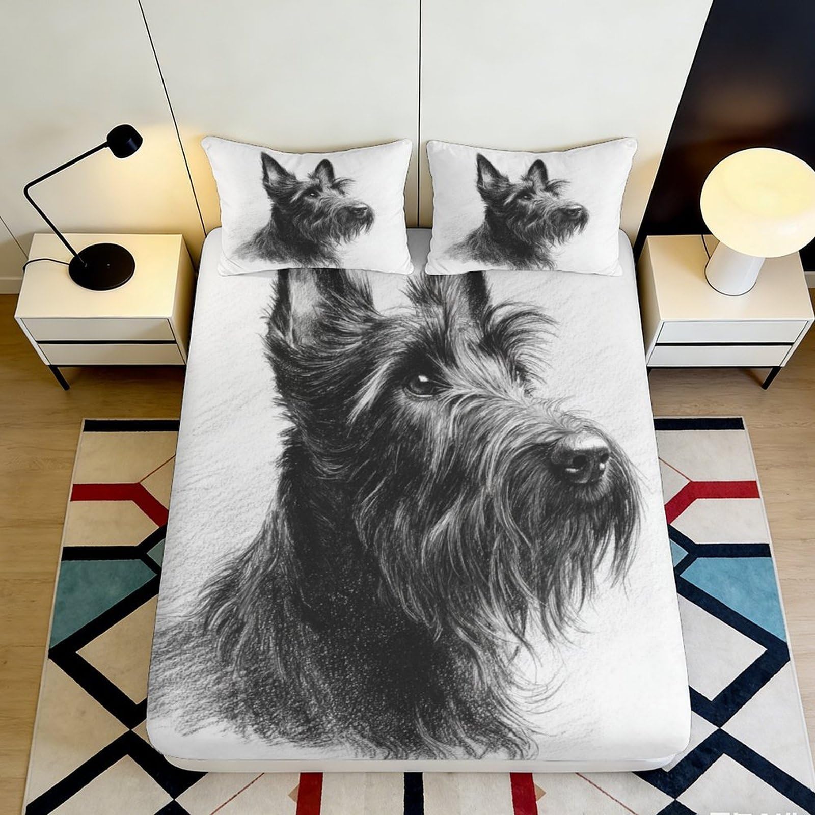 3D Printed Scottish Terrier Dog Fitted Sheet Microfiber Black White Bed Sheet for Bedroom Guest Room Decor 90x200x25cm
