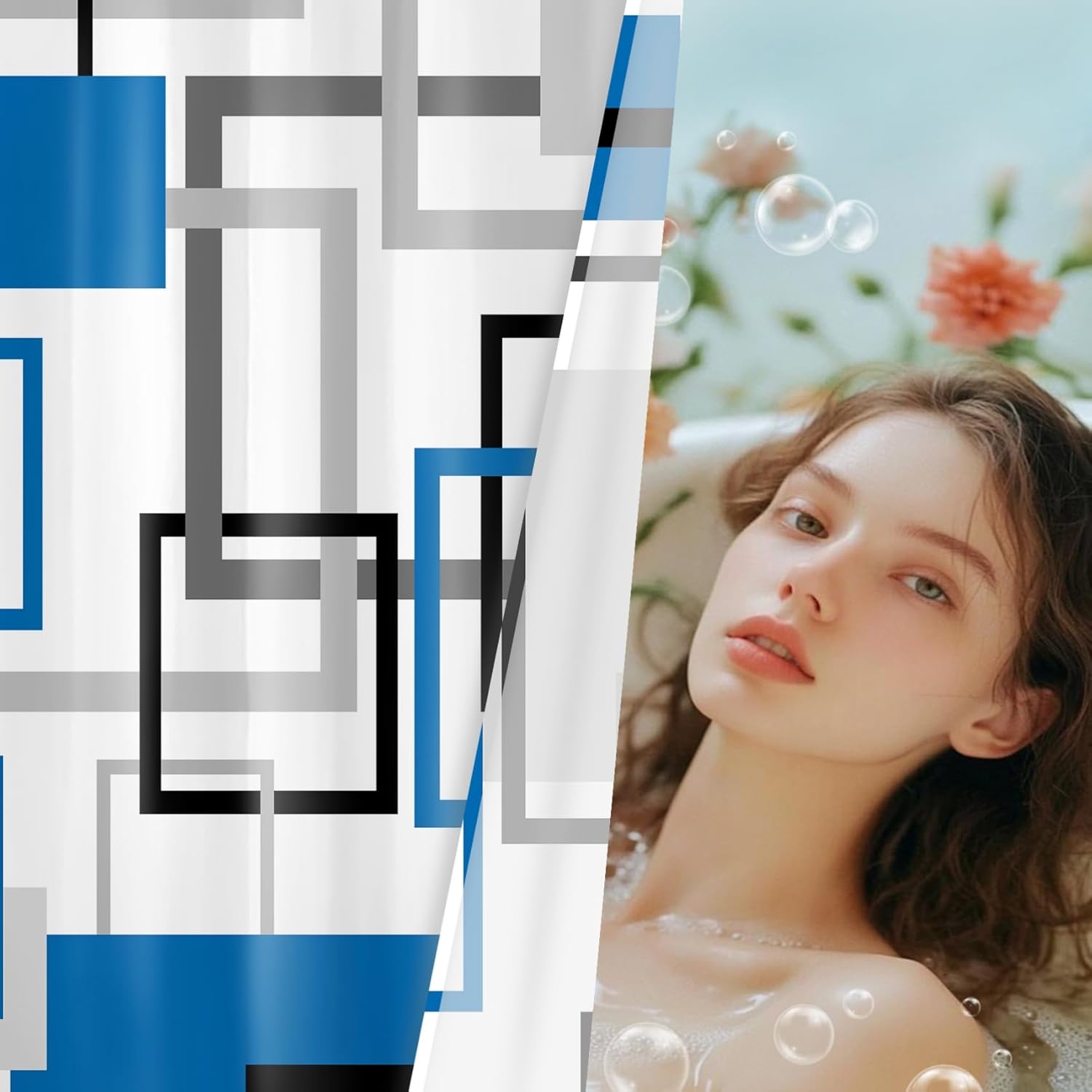 Blue Striped Shower Curtain Black and White Abstract Geometric Decor Bathroom Shower Curtains Modern Geometric Minimalist Shower Curtain with Hooks, 72W X 78L Inch