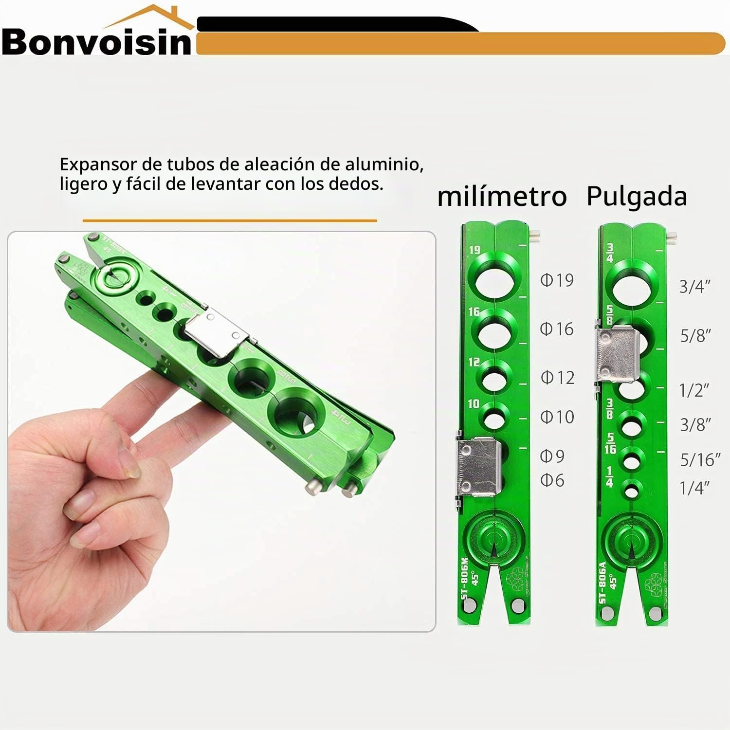 Bonvoisin Juego Abocardador Aire Acondicionado 1/4"-3/4", con 6 Tamaños Compatibles, Excéntrico de 45°, para Tuberías de Aire Acondicionado, Agua, Combustible, Freno (Kit 5 en 1)