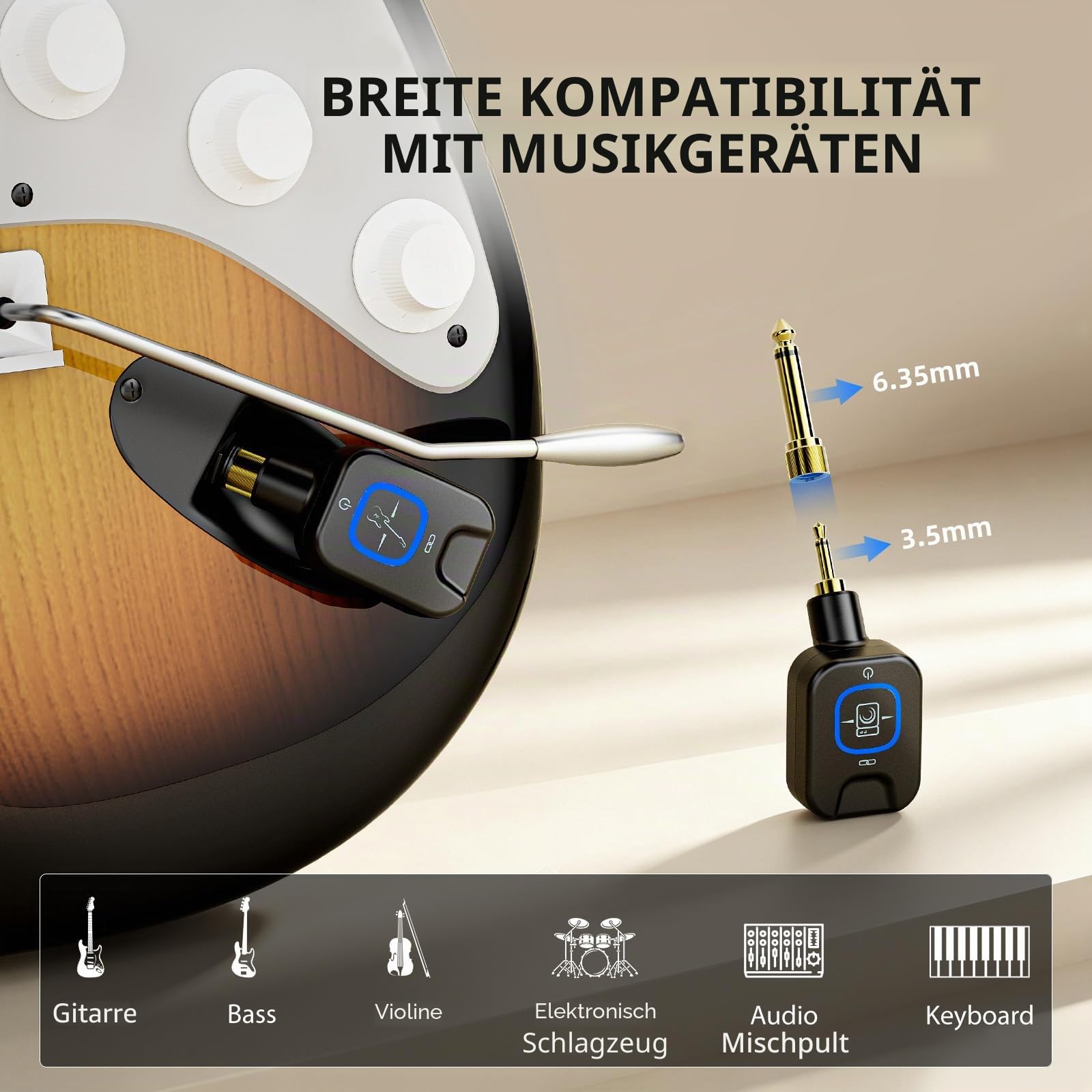 POLOLAB 5.8 GHz Kabelloses Gitarrensystem mit Ladebox Gitarren-Funksender-Empfänger, 6 Kanäle, 2-in-1 Dual-Stecker, 30m Reichweite, <4,6ms Latenz, für E-Gitarren Bass