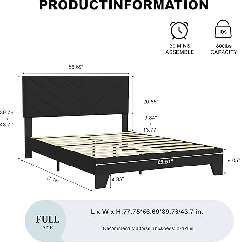 Miniatura 2 de Cama de plataforma tapizada de tamaño matrimonial, base de cama matrimonial con cabecera copetuda, marco resistente y listones de madera,