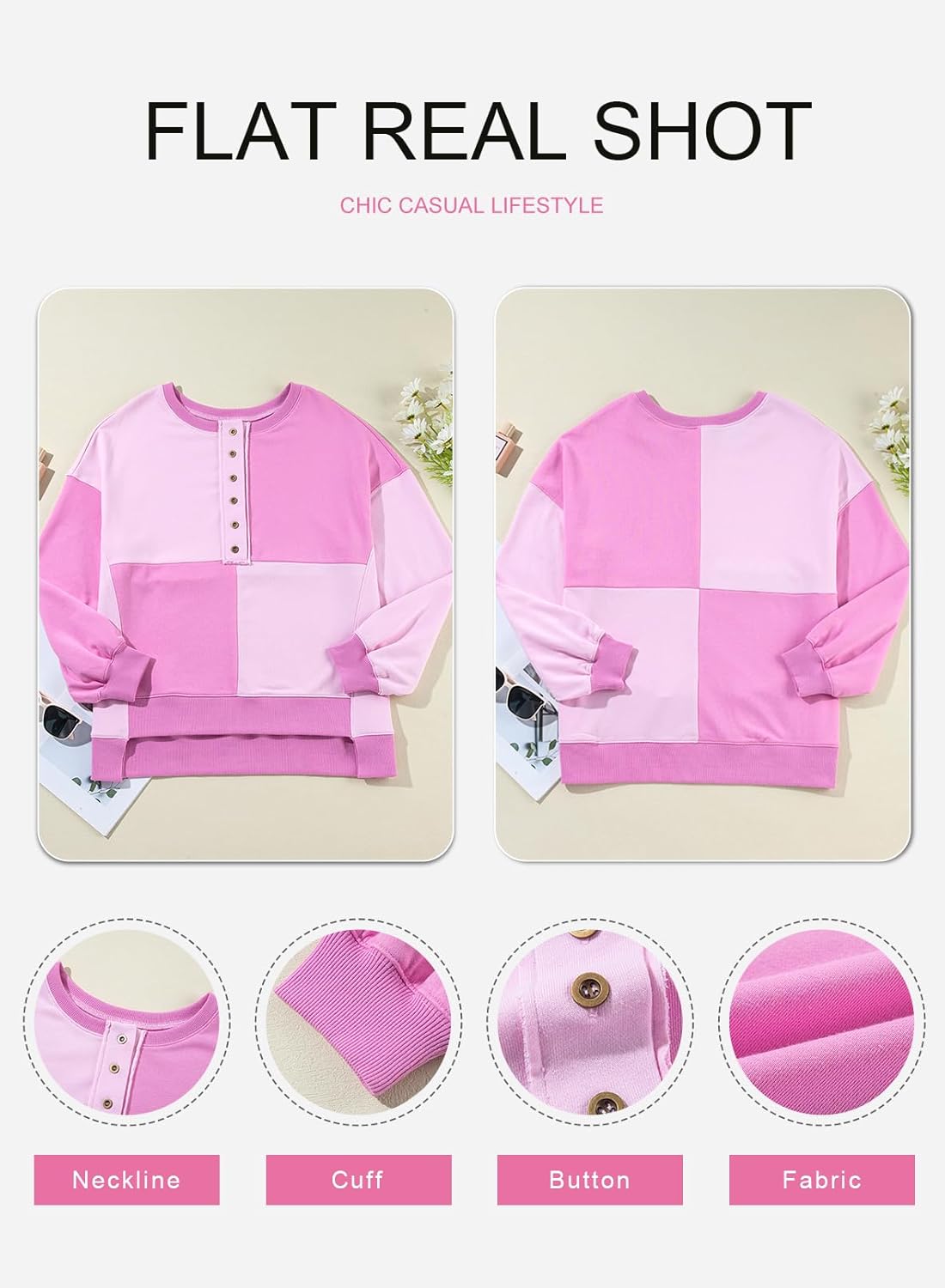 SHEWIN Womens Oversized Color Block Sweatshirts Casual Loose Button Henley Pullover Tops - Image 5