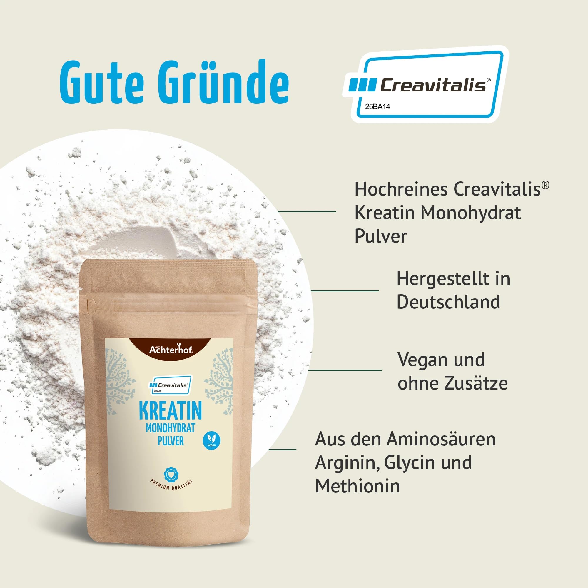 Creavitalis® Kreatin Monohydrat Pulver 500g | reinstes Kreatin ohne Zusätze made in Germany | aus den Aminosäuren Arginin, Glycin und Methionin | Achterhof
